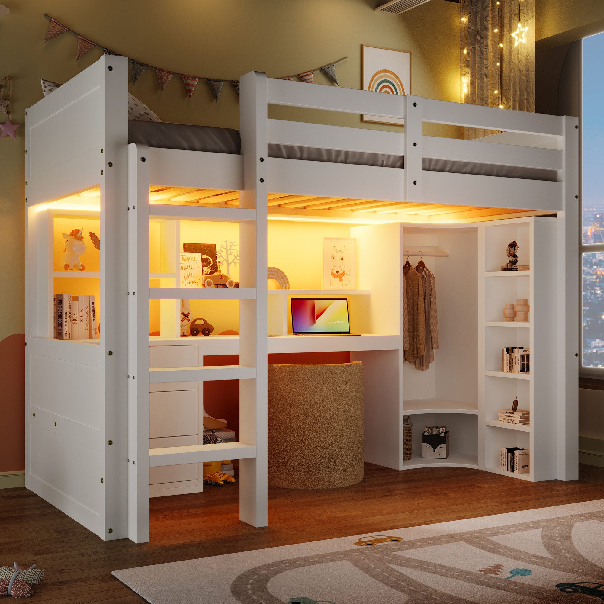 SOFTWEARY Hochbett mit Schreibtisch und LED-Streifen (90x200 cm, inkl. Schubladen, Regal, Kleiderschrank und Lattenrost) Kinderbett mit Rausfallschutz, Kiefer