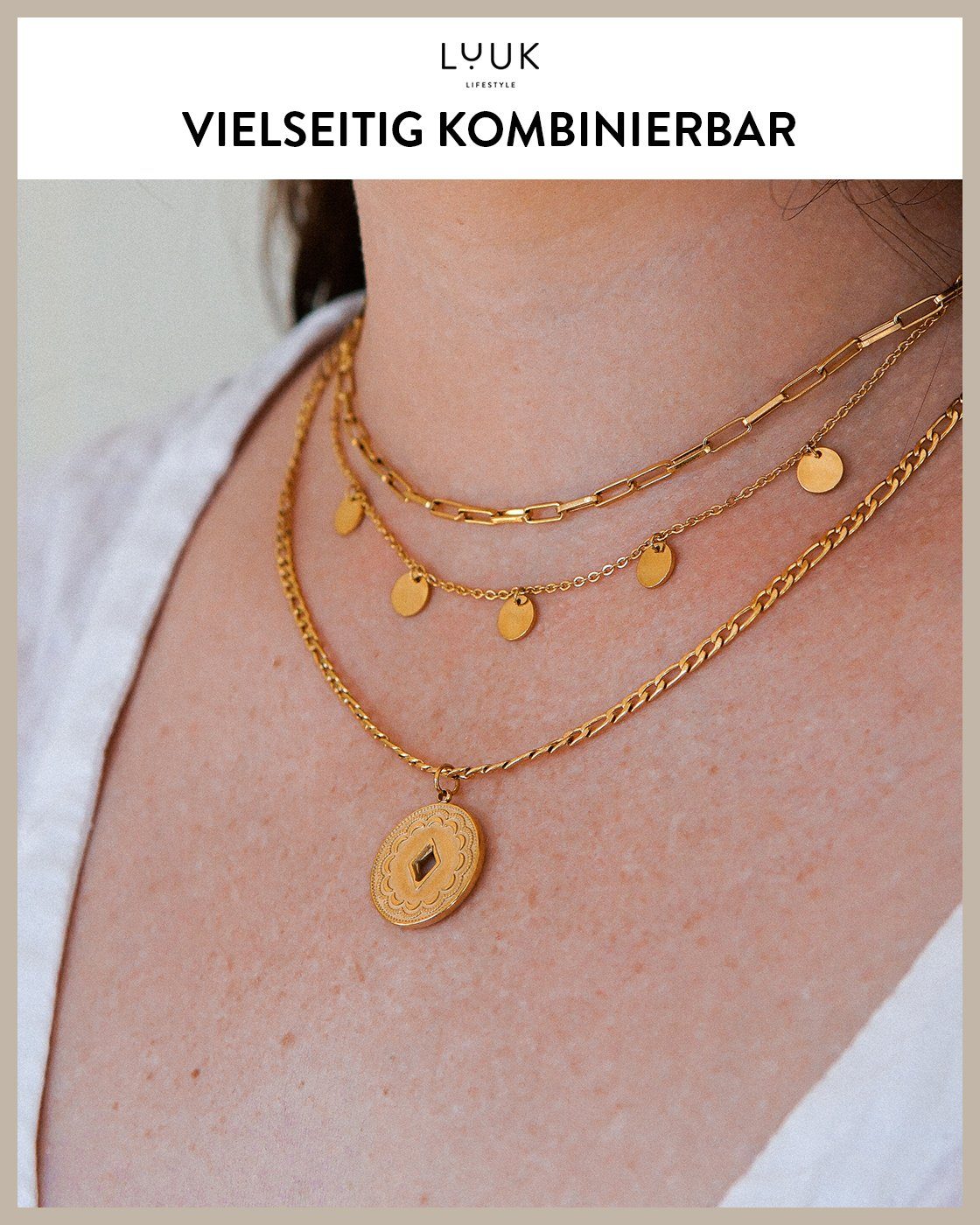 5 Gold LUUK Muster Edelstahlkette LIFESTYLE Plättchen, trendiges Plättchen, Edelstahl, Boho