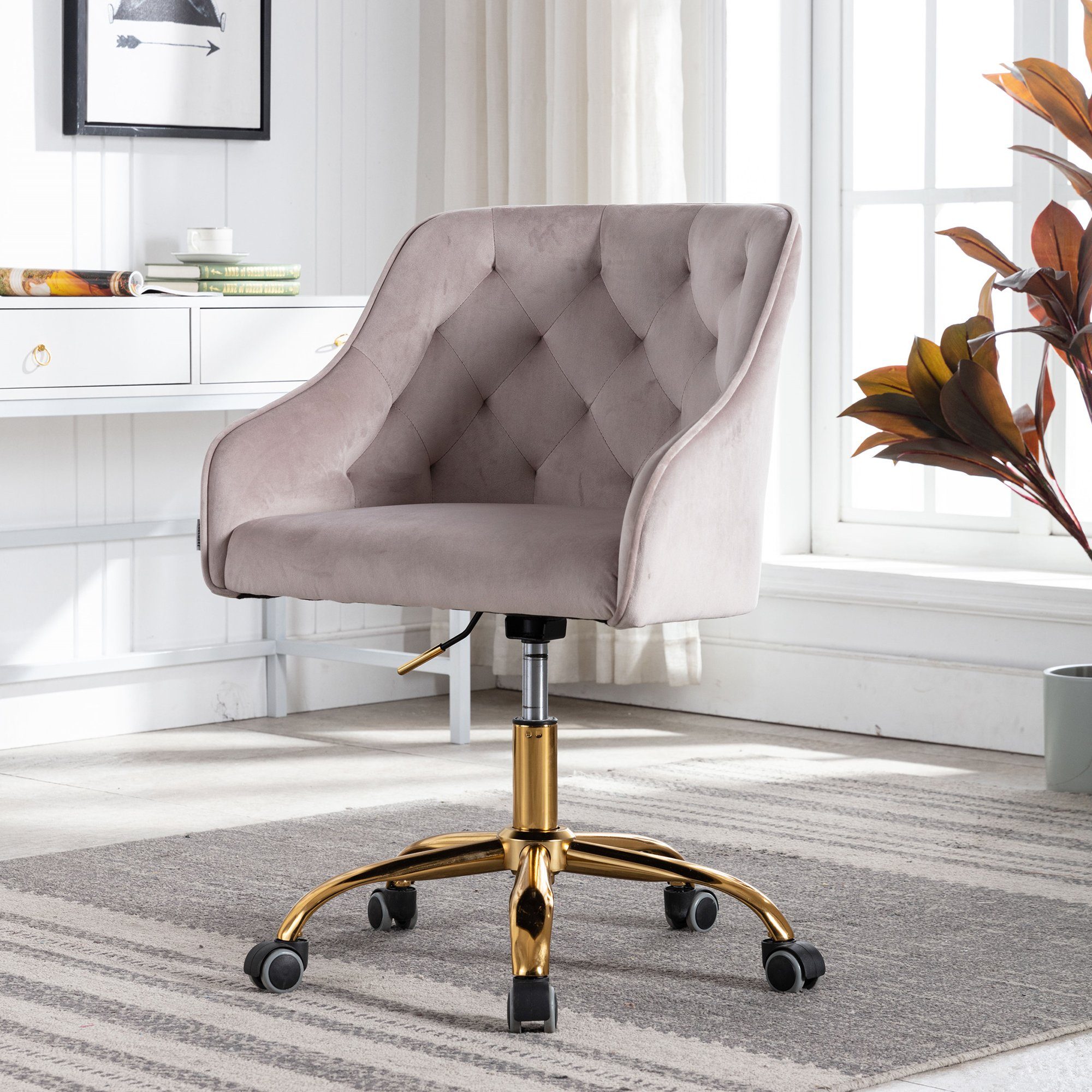 Merax Bürostuhl höhenverstellbar mit goldfarbener Basis (1 St), Drehstuhl  aus Samt, Bürostuhl, Schreibtischstuhl gepolstert