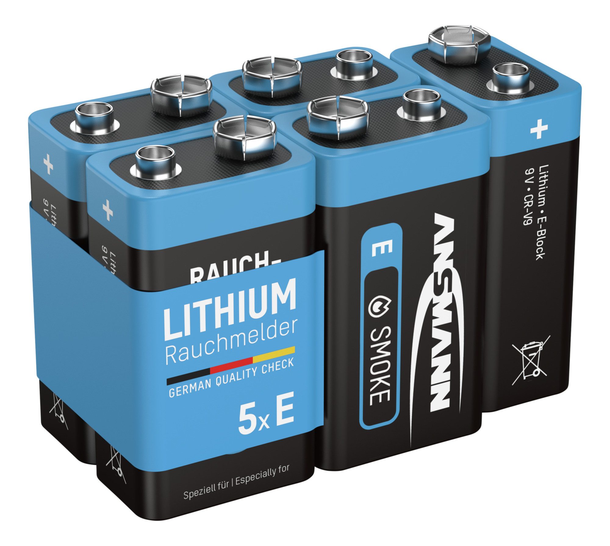 ANSMANN AG Rauchmelder Extrem Lithium Batterie 9V E-Block, 5 Stück Batterie