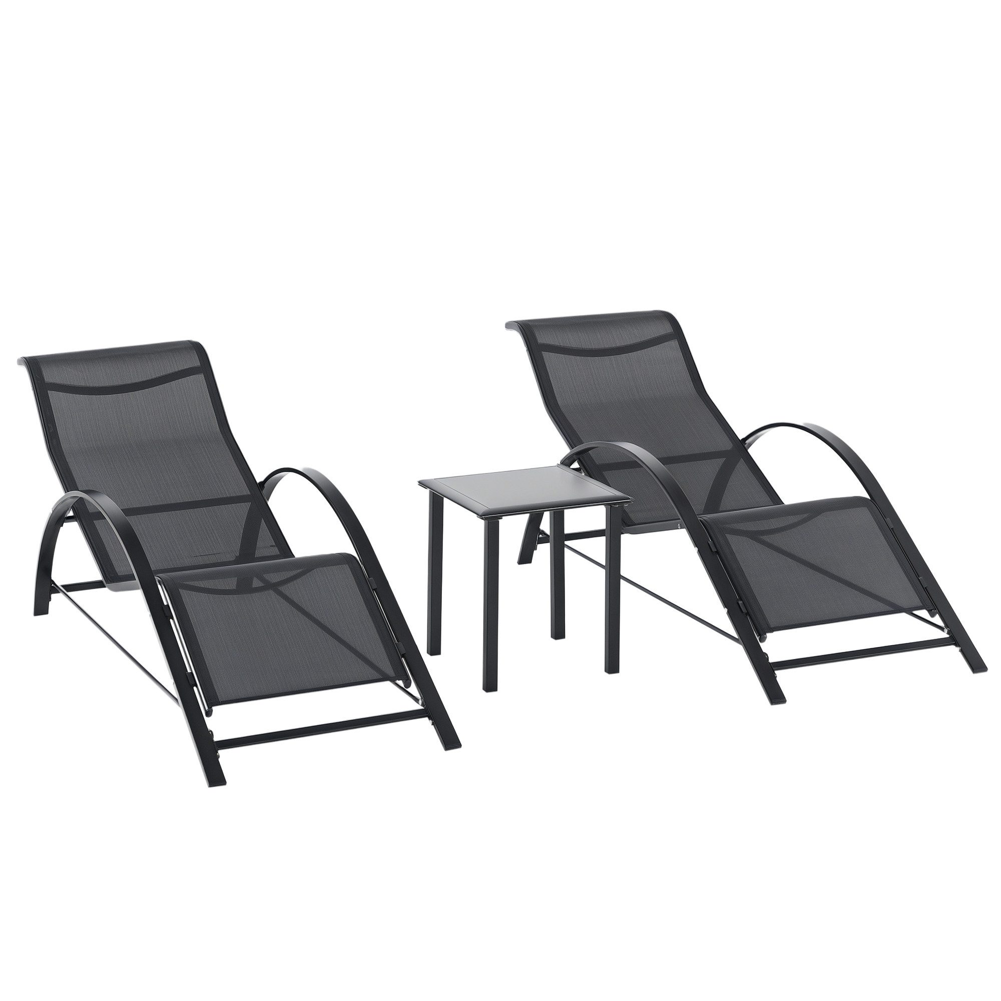 BAYMATE Gartenliege 2er-Set Garten-Sonnenliegen mit Beistelltisch aus gehärtetem Glas, Sonnenliegen mit Rücken- und Armlehnen für Terrasse, Pool, Balkon und Außenbereich, Schwarz