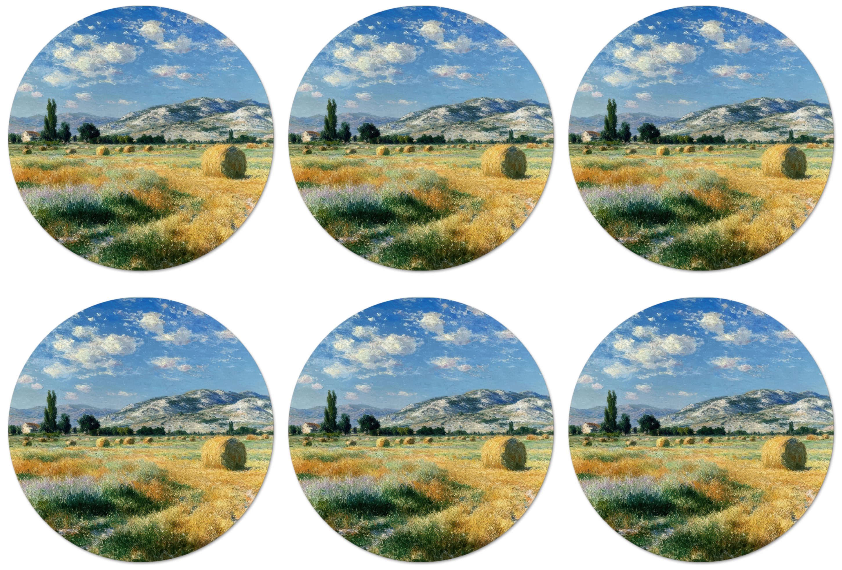 MuchoWow Glasuntersetzer Landschaft - Strohballen - Berge - Wolken, Zubehör für Gläser, 6-tlg., Getränkeuntersetzer, Rund, Tassenuntersetzer Kork, 10x10 cm