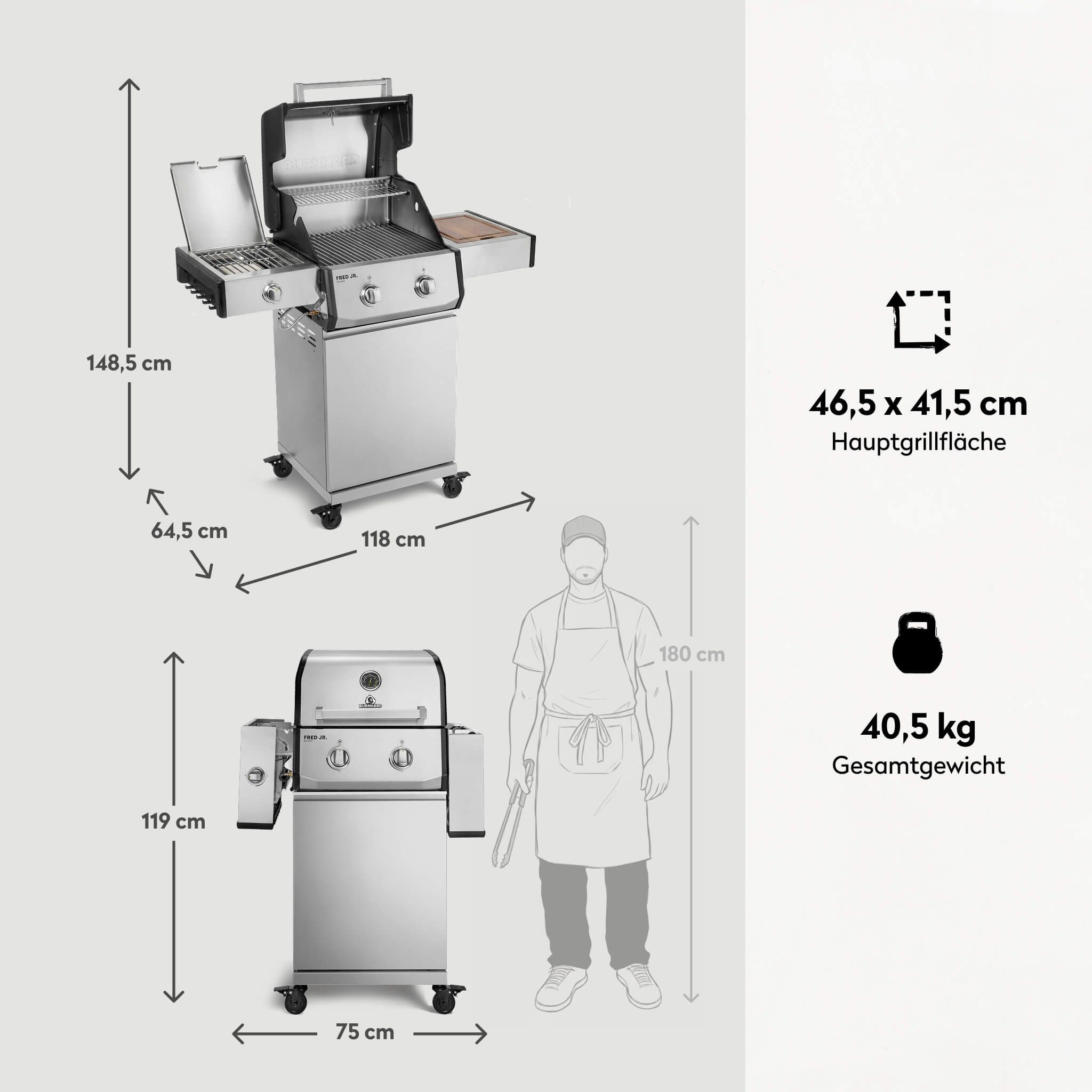 BURNHARD® Gasgrill 2-Brenner, 2x Edelstahl-Stabbrenner, 3,75 kW, Infrarot-Keramikbrenner, Seitentisch, Edelstahlrost, Piezo-Zündung, kompakt, für 5 Personen – FRED Jr. Deluxe