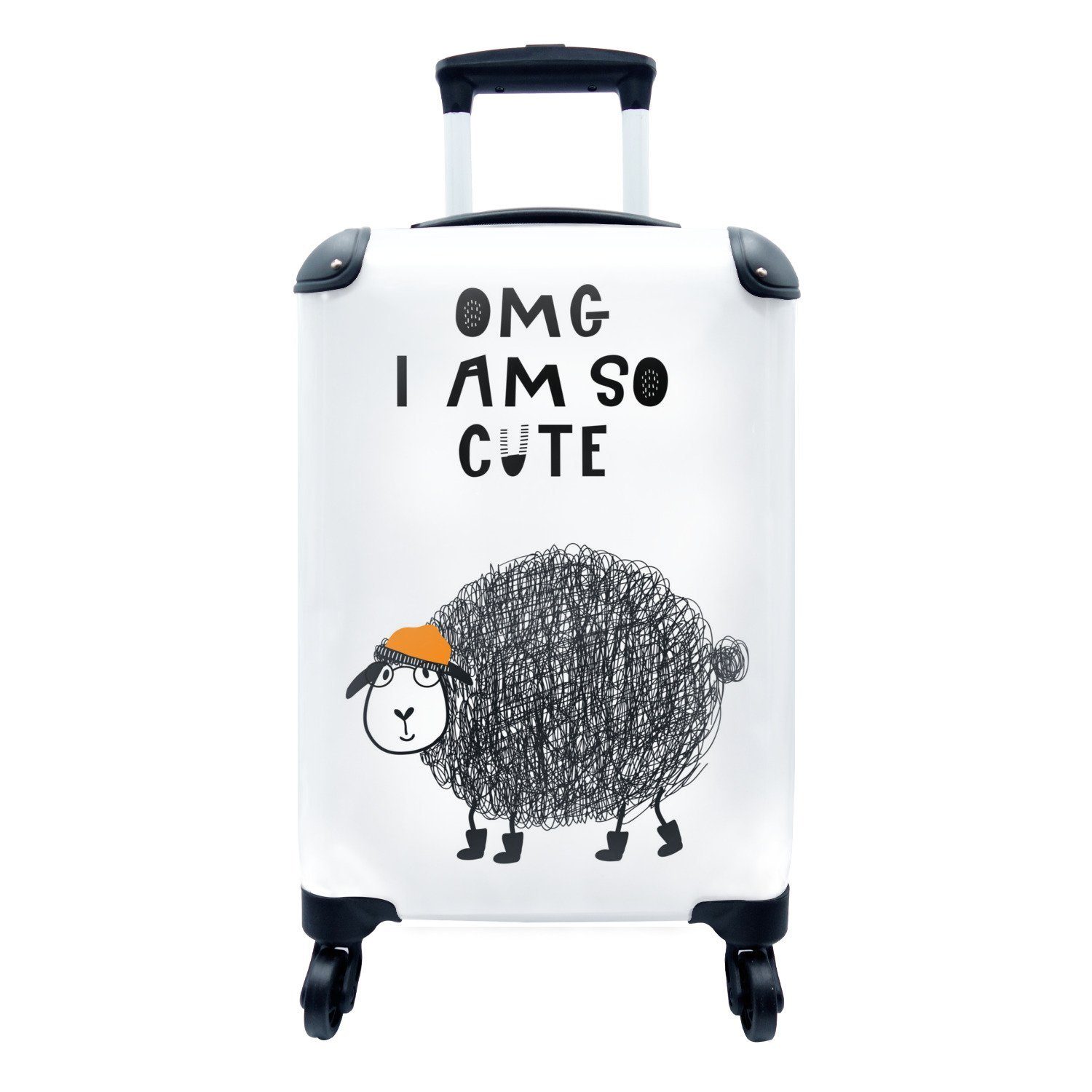 MuchoWow Handgepäckkoffer Kinderillustration mit dem Zitat "OMG I am so cute" und einem Schaf, 4 Rollen, Reisetasche mit rollen, Handgepäck für Ferien, Trolley, Reisekoffer