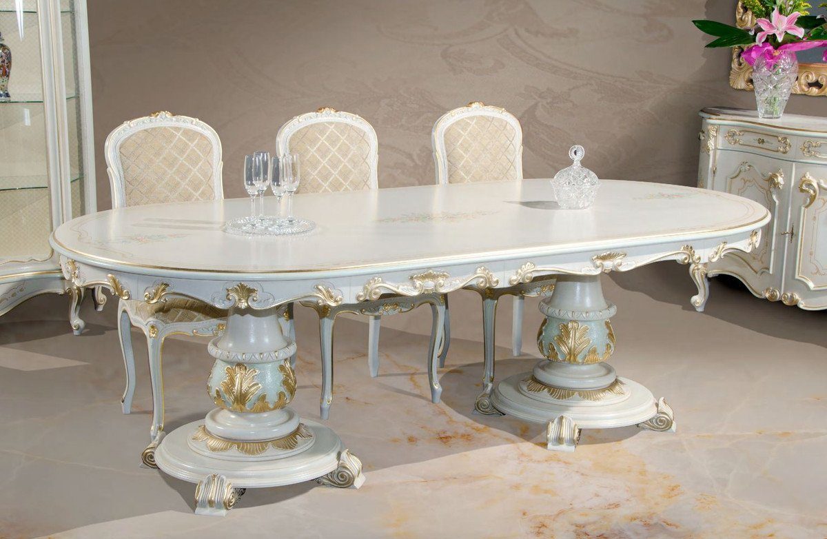 Casa Padrino Esstisch Luxus Barock Esstisch Weiß / Cremefarben / Mehrfarbig / Gold - Ovaler Massivholz Esszimmertisch im Barockstil - Barock Esszimmer Möbel - Luxus Qualität - Made in Italy
