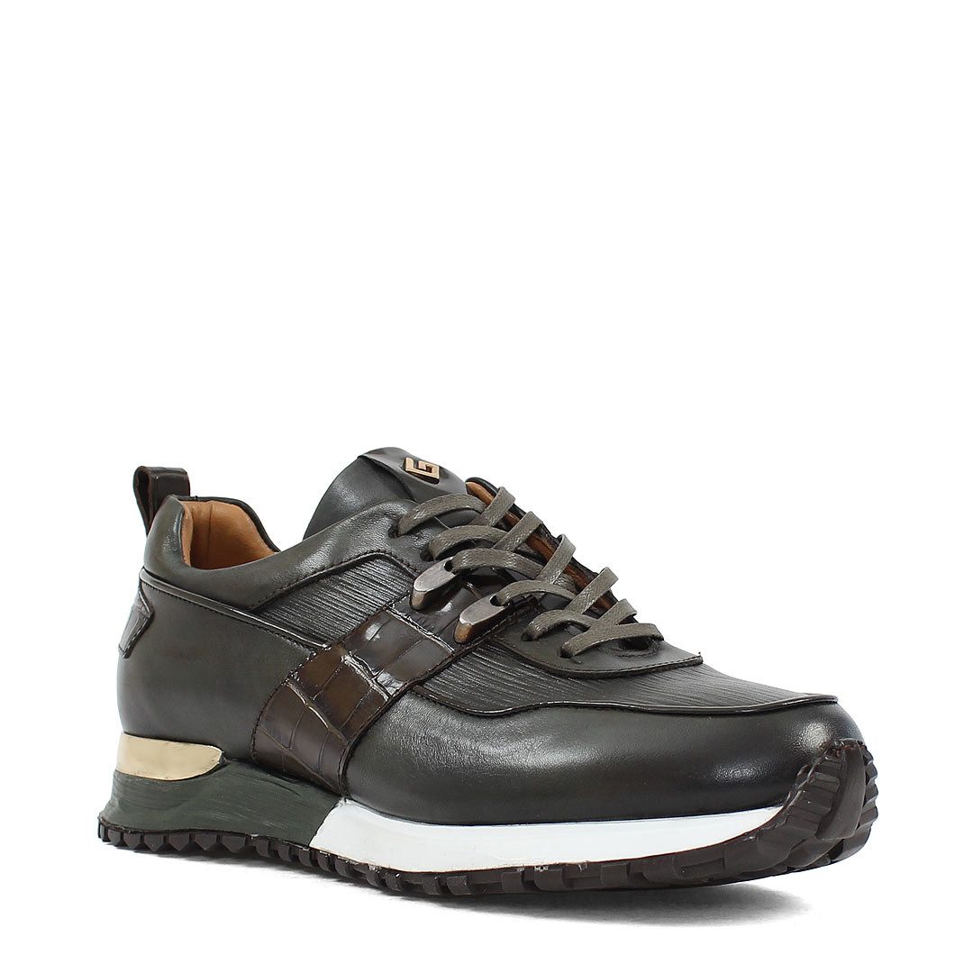 Celal Gültekin Low-Top Schnürschuh Kroko-Optik Profilsohle Herren Sneaker Glattleder, Kroko-Optik, Gold-Fersenclip, Grün, 40