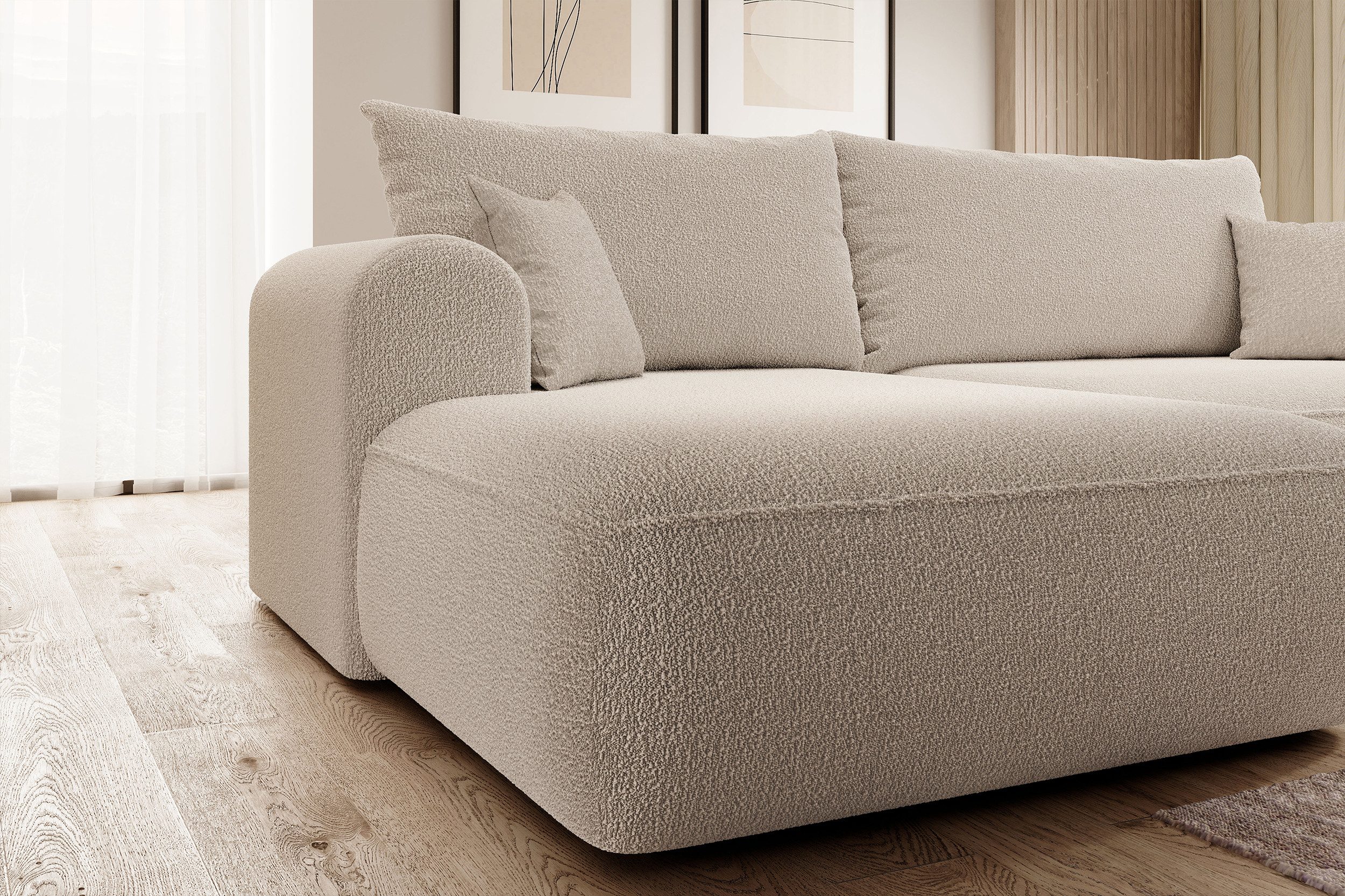 Selsey Ecksofa OVO, Schlaffunktion 142x210 cm, Bettkasten, Boucle-Bezug