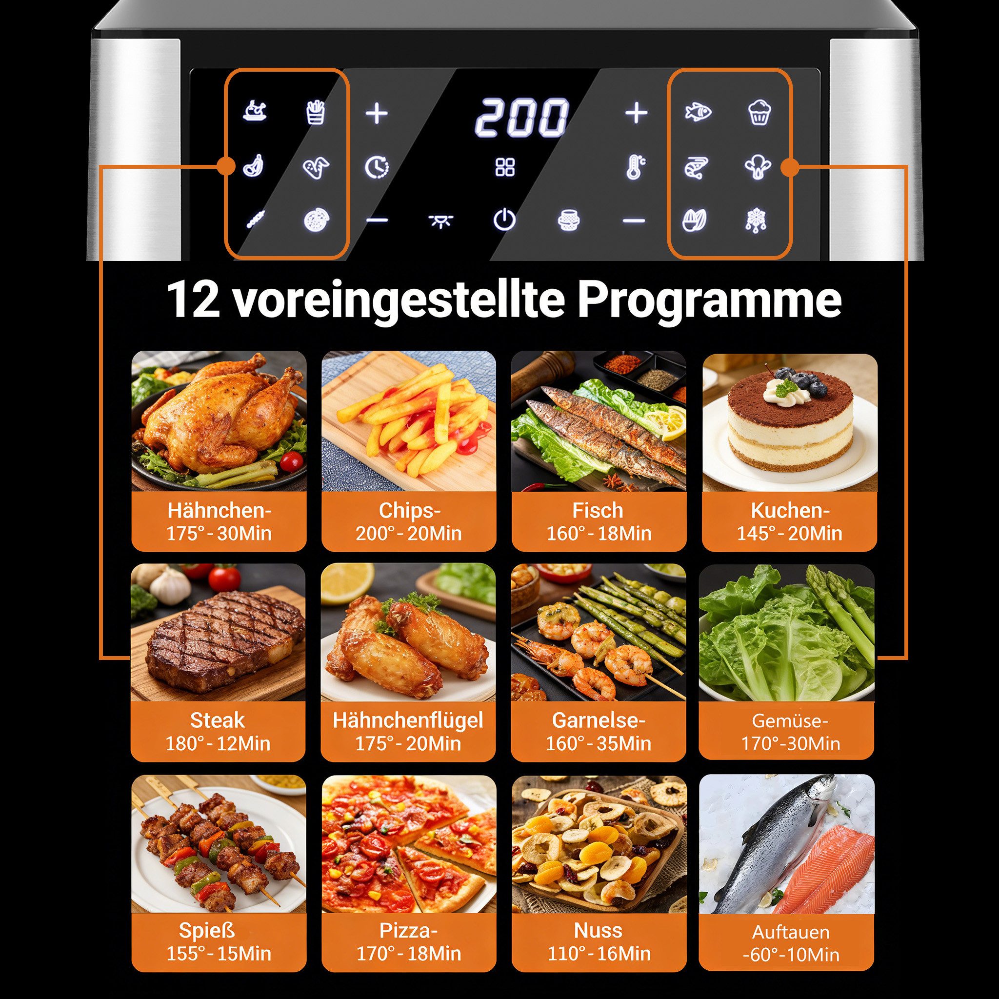 HOMELUX Heißluftfritteuse, 1800,00 W, 12 programme,5-in-1 Kombiniert Grillen,Braten,Grillen,Trocknen,Gärung