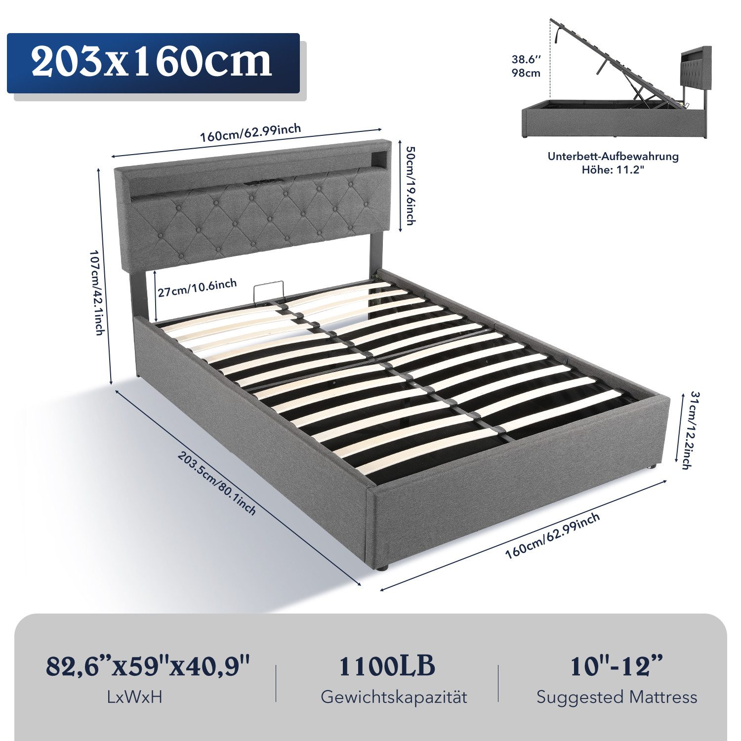 oyajia Polsterbett LED Doppelbett 160x200cm, Hydraulisch anhebbarer Staurau günstig online kaufen
