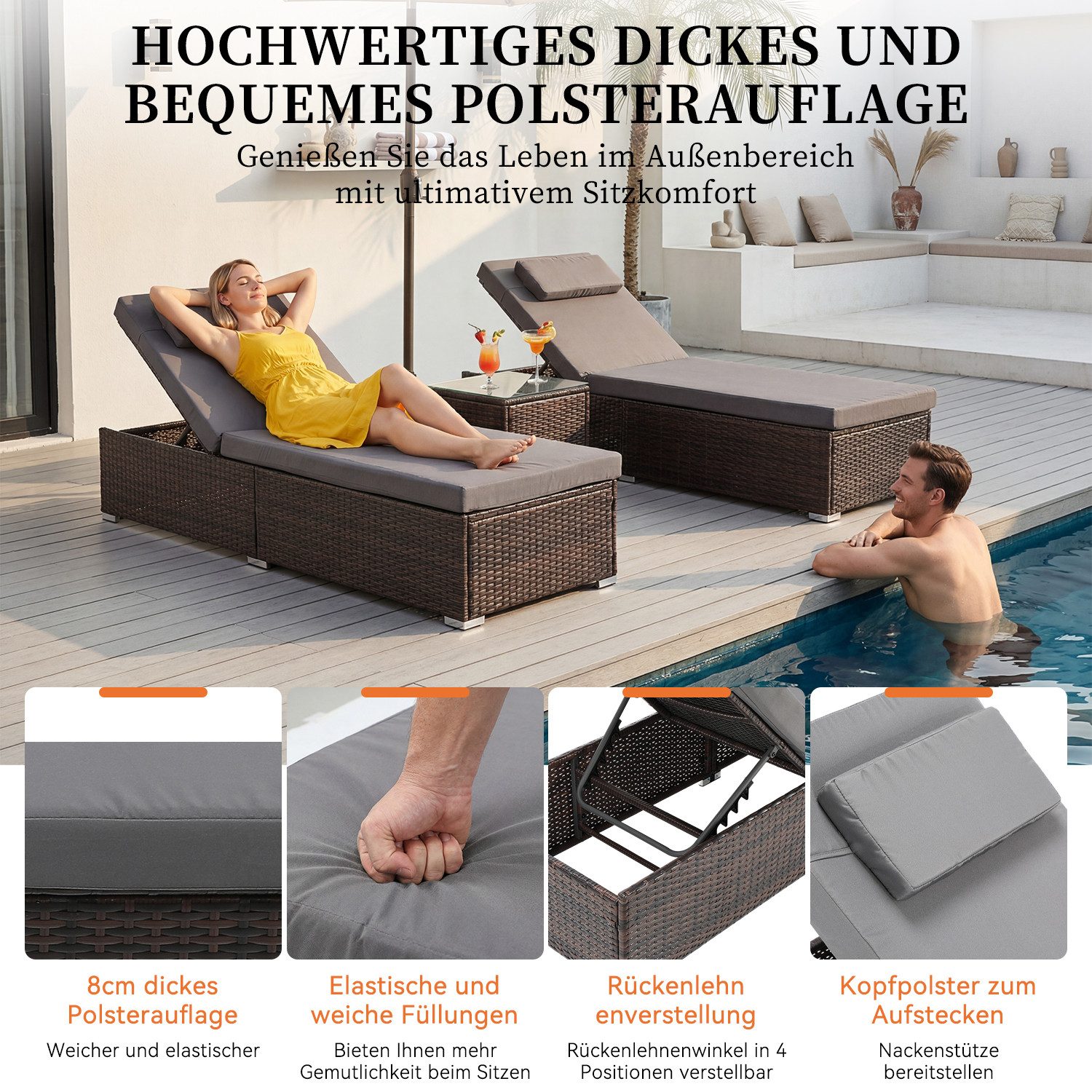 oyajia Gartenliege gepolsterte Rattan Sonnenliege 2er-Set, 2-Personen Polyrattan Sonnenliege, 1 St., für Außen in Braun, wetterfest, UV-beständig, verstellbar, Glastisch