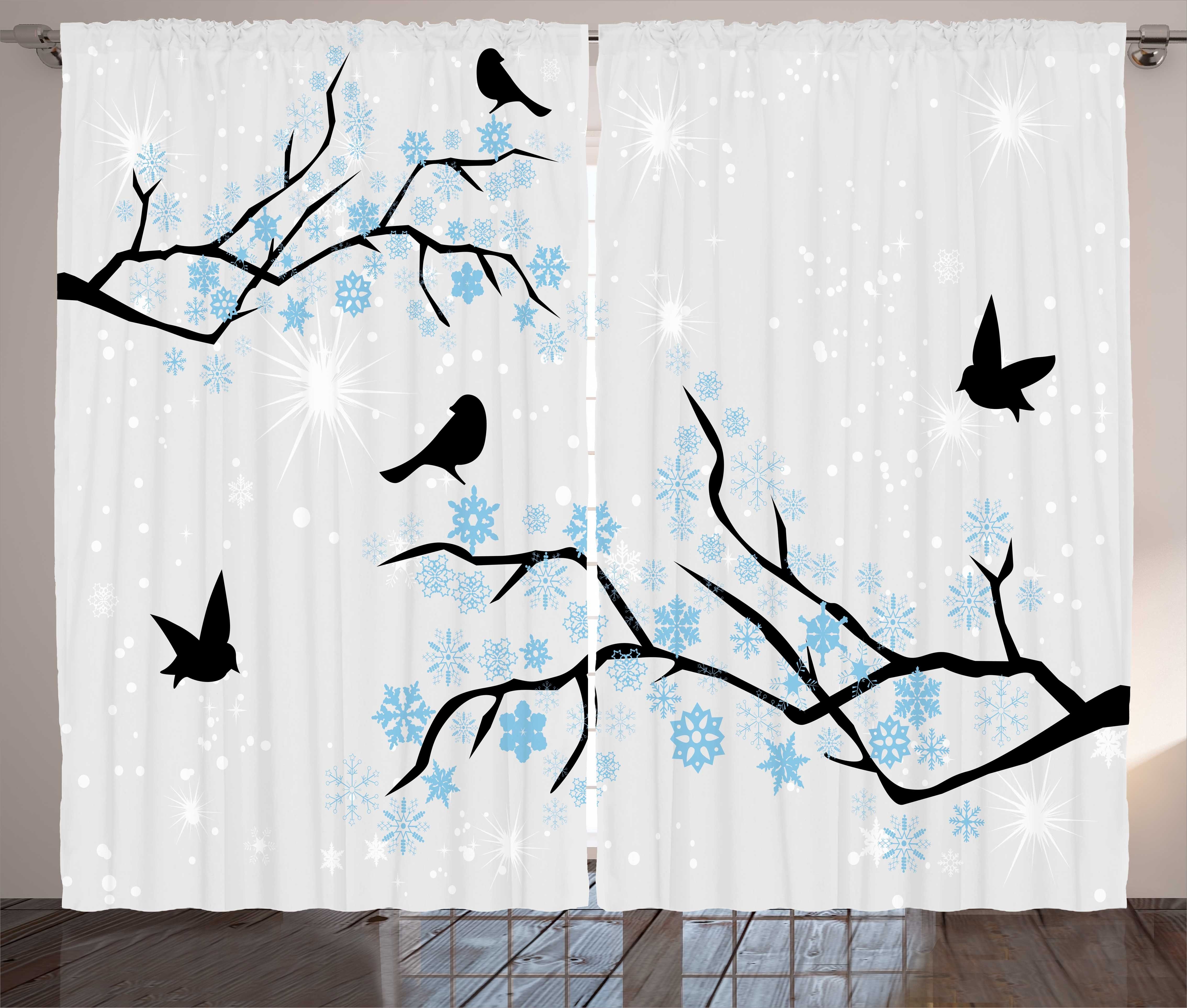 Gardine Schlafzimmer Kräuselband Vorhang mit Schlaufen und Haken, Abakuhaus, Silhouette Winter-Vogel-Stern Himmel