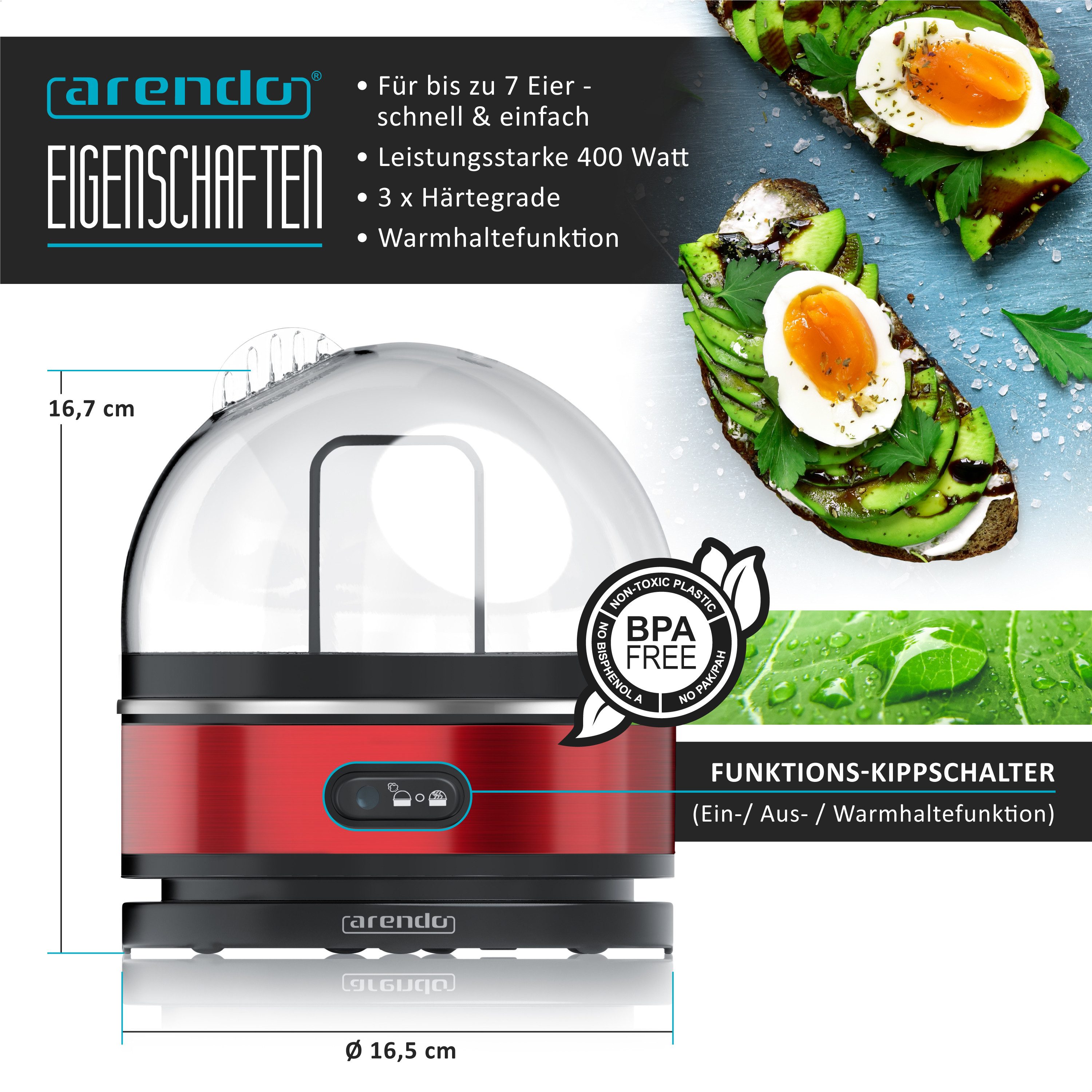 Arendo Eierkocher Edelstahl, frei wählbarer Härtegrad, mit Warmhaltefunktion, 7-fach, Anzahl Eier: 7 St., 400 W, 3 Härtegrade wählbar, Signalton, spülmaschinengeeignet, für 1 - 7 Eier