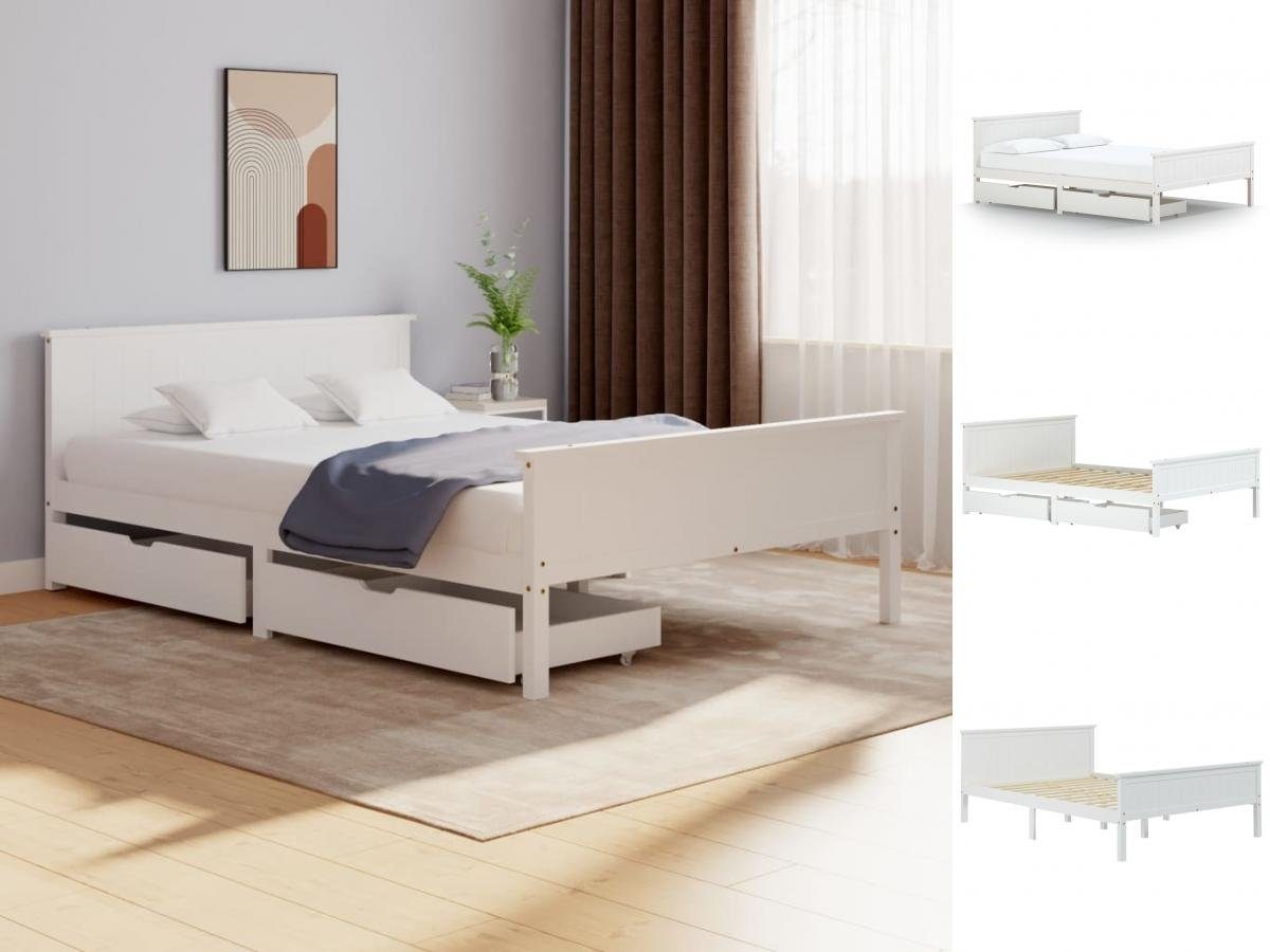 vidaXL Bettgestell Massivholzbett mit 2 Schubladen Weiß Kiefer 160x200 cm  Bett Bettgestel