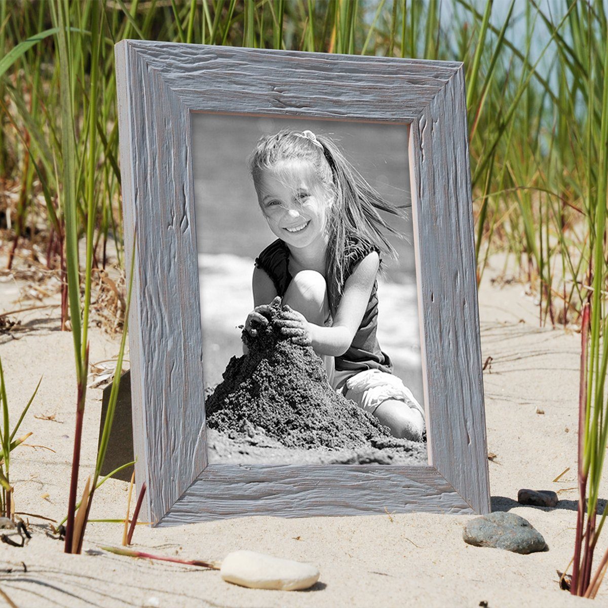 PHOTOLINI Bilderrahmen 3er Rustikal Set Massivholz Grau Strandhaus