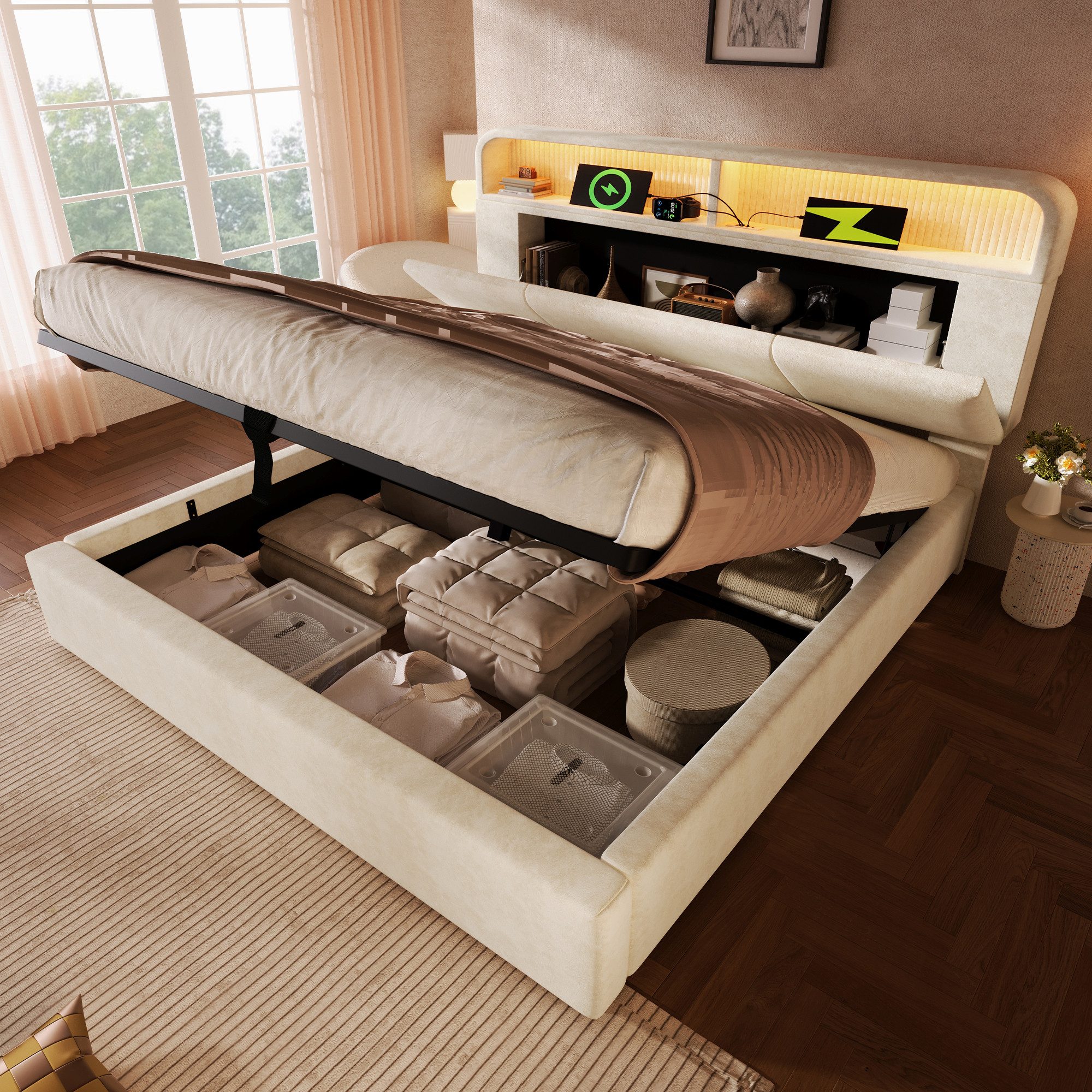 TavilaEcon Polsterbett Höhenverstellbares Bett mit LED-Beleuchtung, USB-Ladestation (1-tlg), mit großzügigem Stauraum, 180×200cm, beige