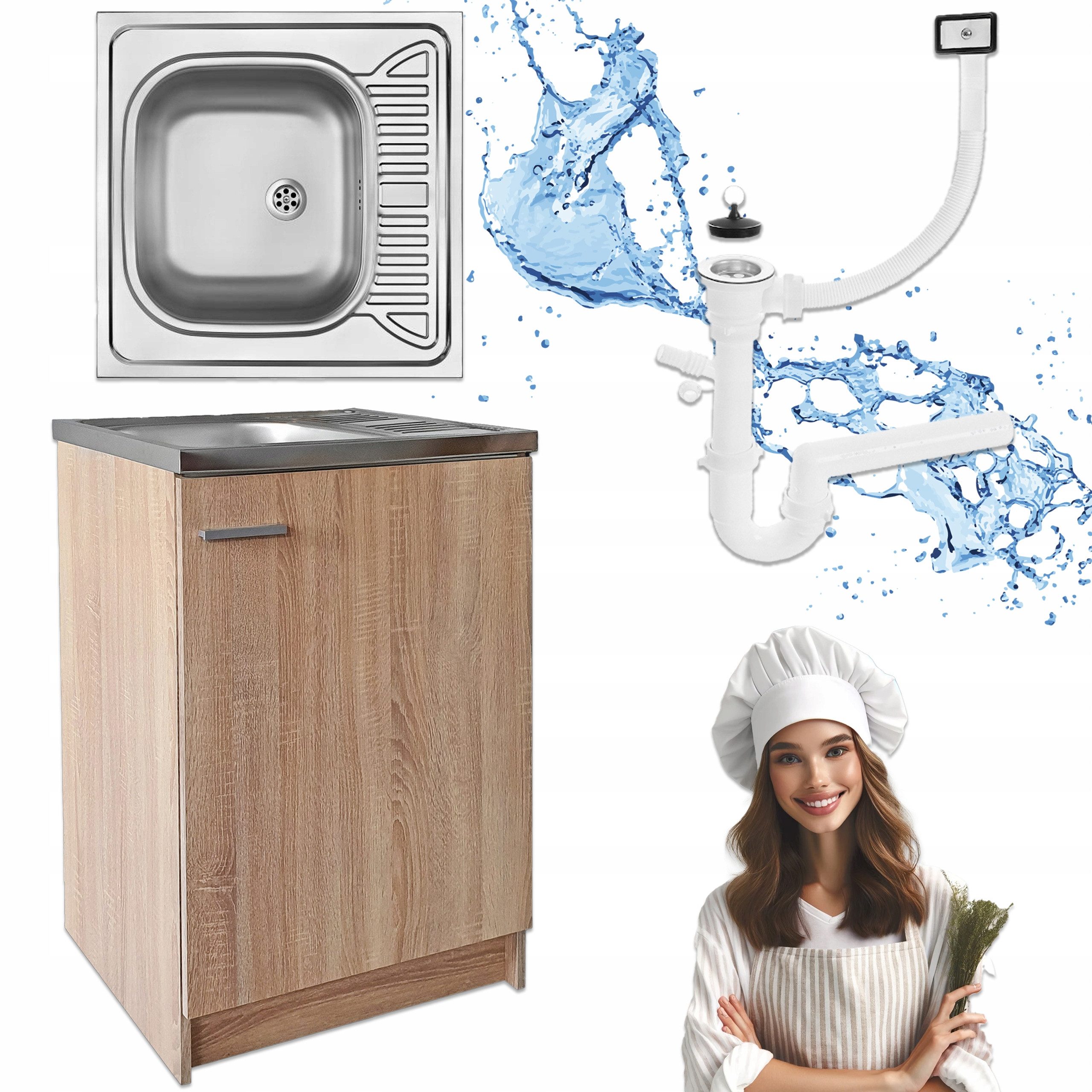 STAMAR Spülenschrank Küchenschrank 60cm Sonoma Eiche Deante Spüle 1 Kammer Siphon Set XXL Standschrank 60cm Tiefe Edelstahl Spülbecken Geschirrspüler Komplett
