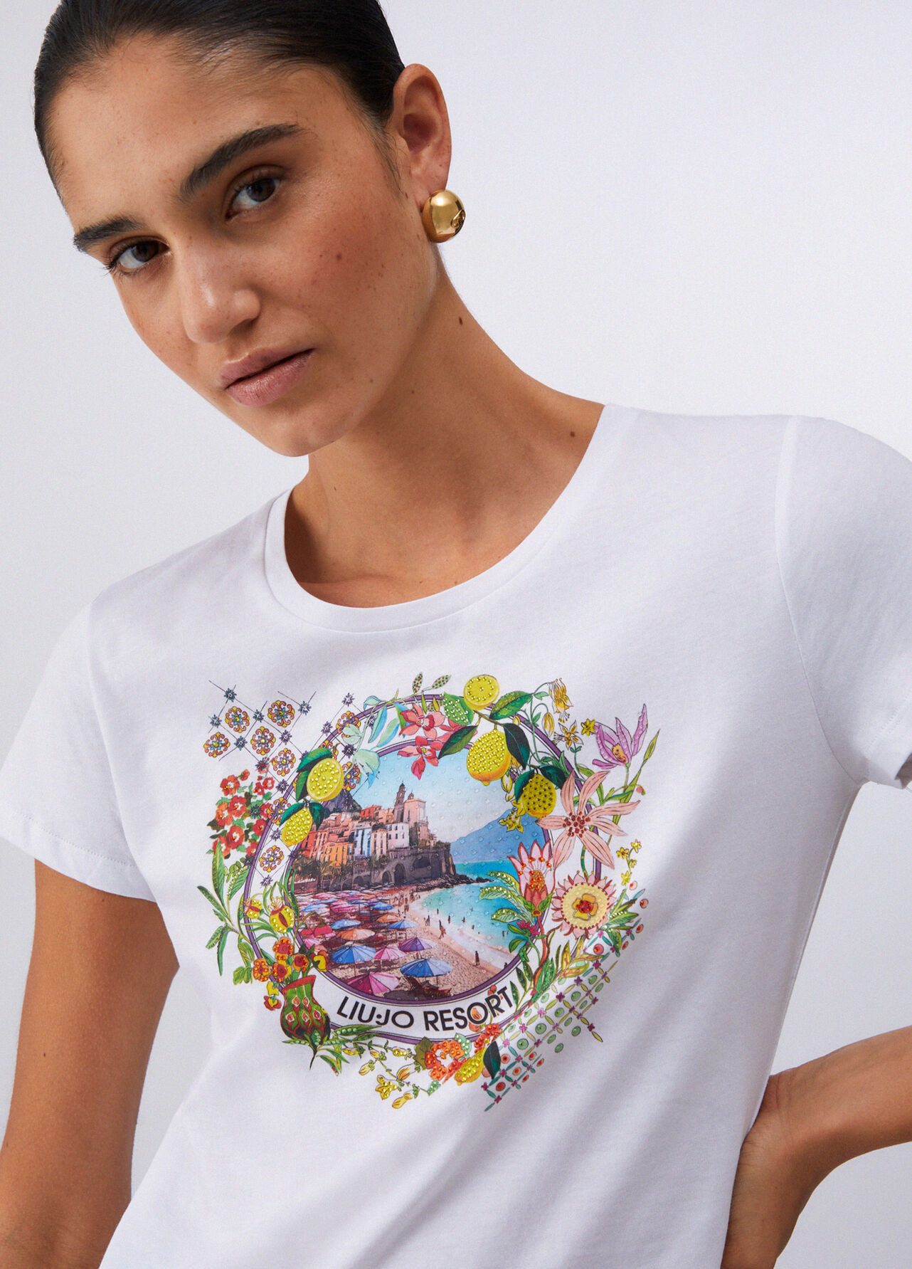 Liu Jo Kurzarmshirt - T-Shirt Damen - weißes Damenshirt - Shirt mit Print - Strass