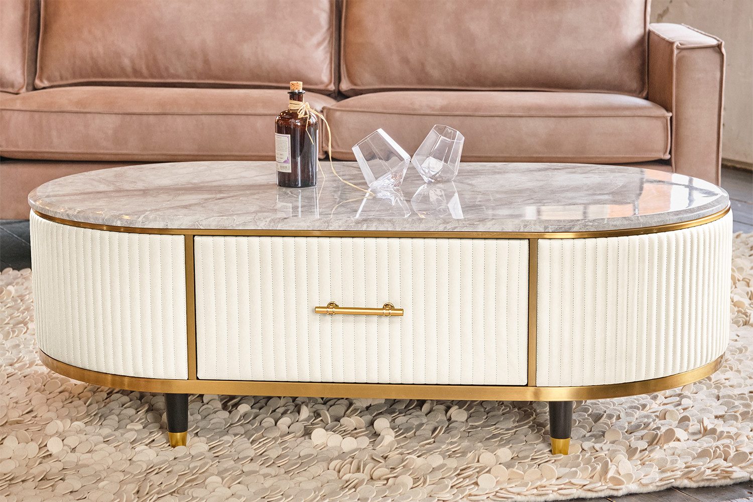 KAWOLA Couchtisch MARIA, Marmorplatte Kunstleder verschiedene Farben