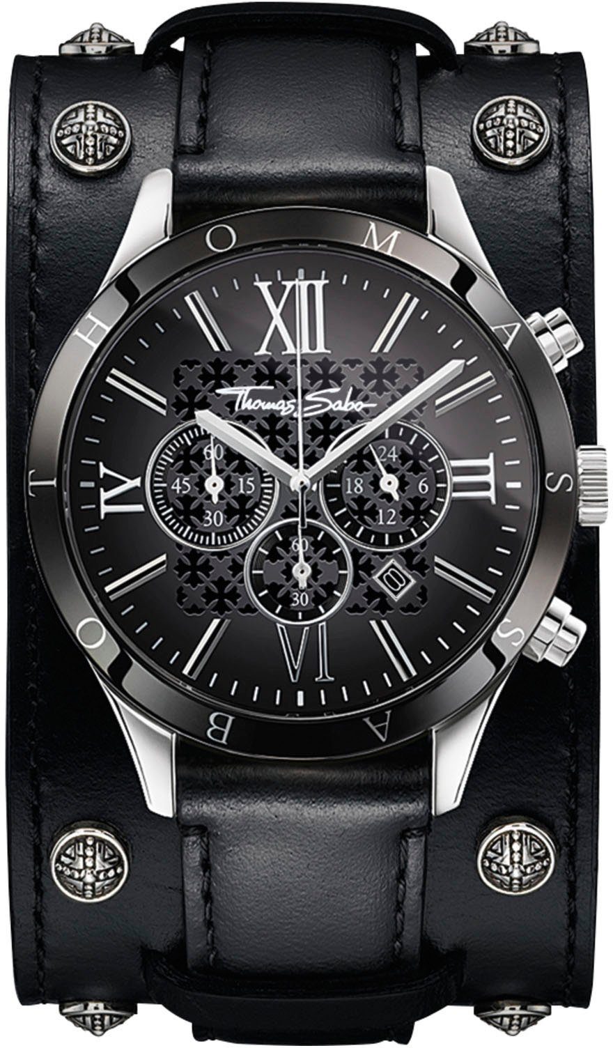 THOMAS SABO Chronograph REBEL ICON, (Set, 2-tlg., mit abnehmbarem breiten Lederarmband), ideal auch als Geschenk, Quarzuhr, Damen, Herren, Armbanduhr