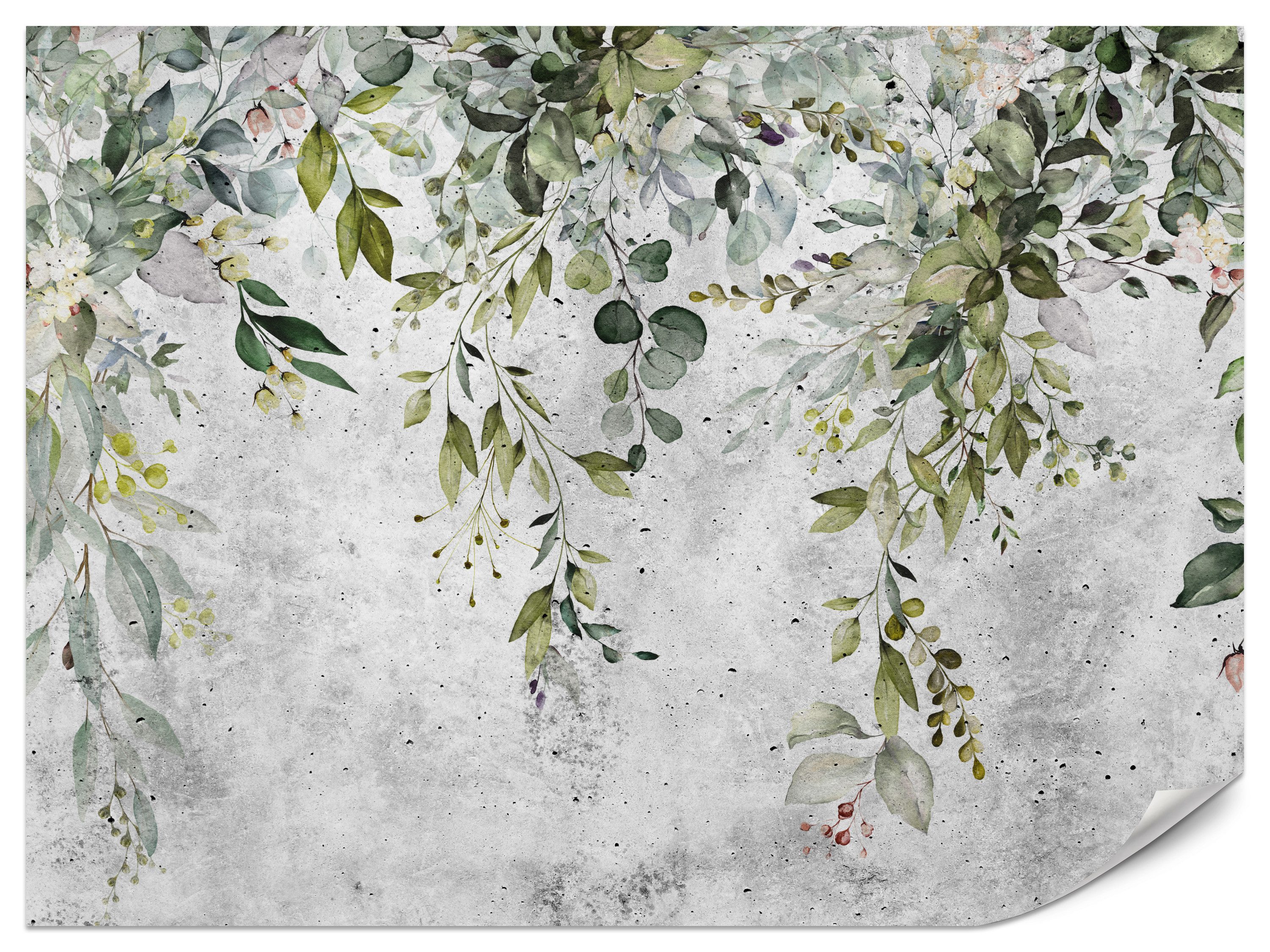 Muralo Fototapete Vliestapete - Ins Schlafzimmer - Blätter, Pflanzen, Aquarell, Beton, Glatt, grafisch, (Packung, 1 St., 100x70 cm), Kleber im Set, 3D-Optik