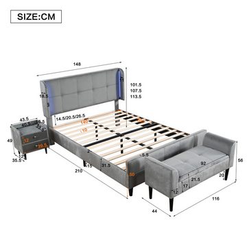 Welikera Komplettschlafzimmer 140x200cm Schlafzimmerset,Polsterbett + 1x Nachttisch+ Betthocker, Doppelbett mit 16-farbigen Lichtleisten,Nachttisch mit Schubladen,Samt