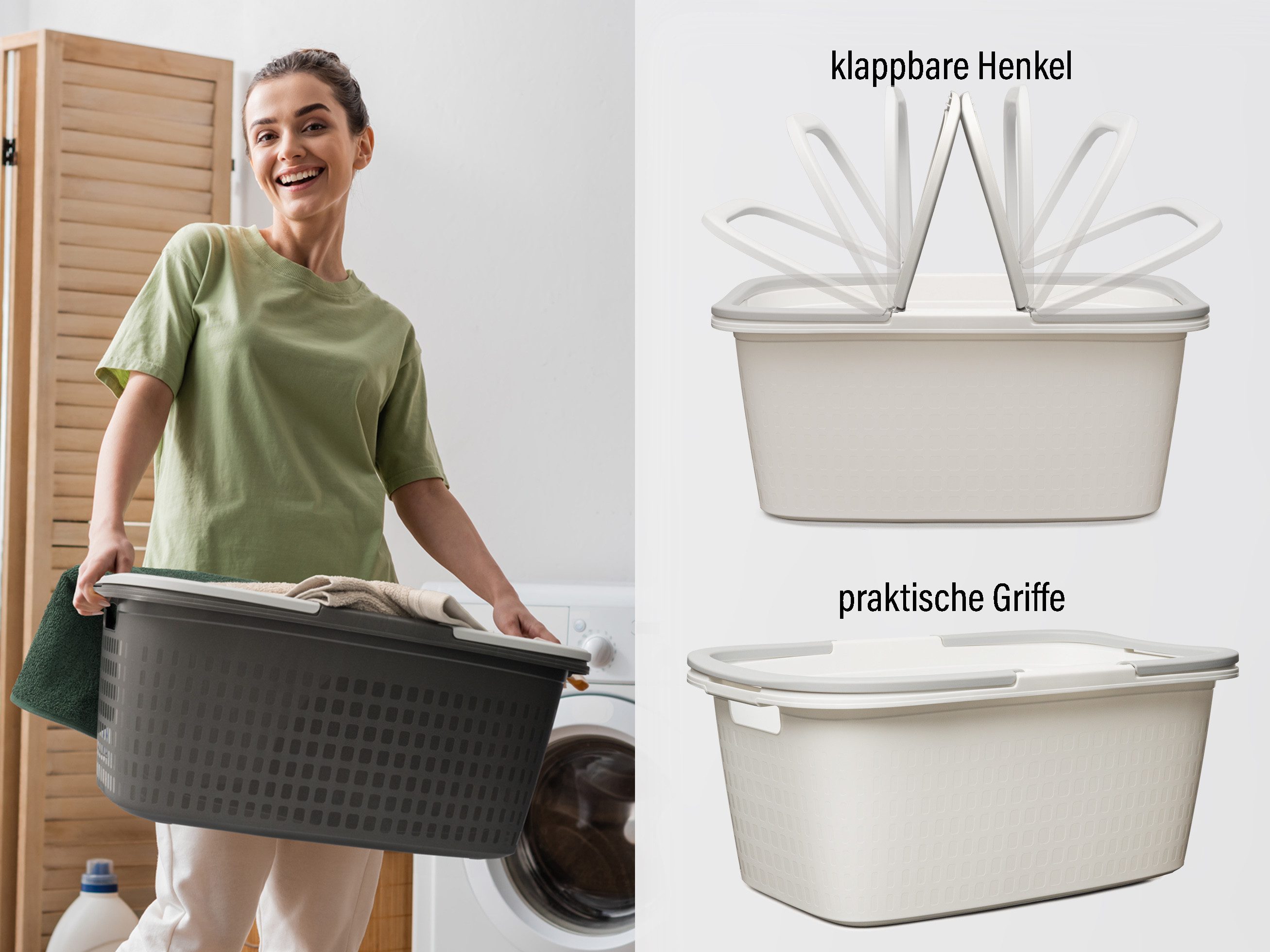 Hausfelder Wäschekorb Wäschewanne 58x37x25cm (Weiß, 2 Wannen, 35 l) (Set, 2 St., 2 x Wäschewanne), mit klappbaren Henkeln, mit Griffen, 35 Liter