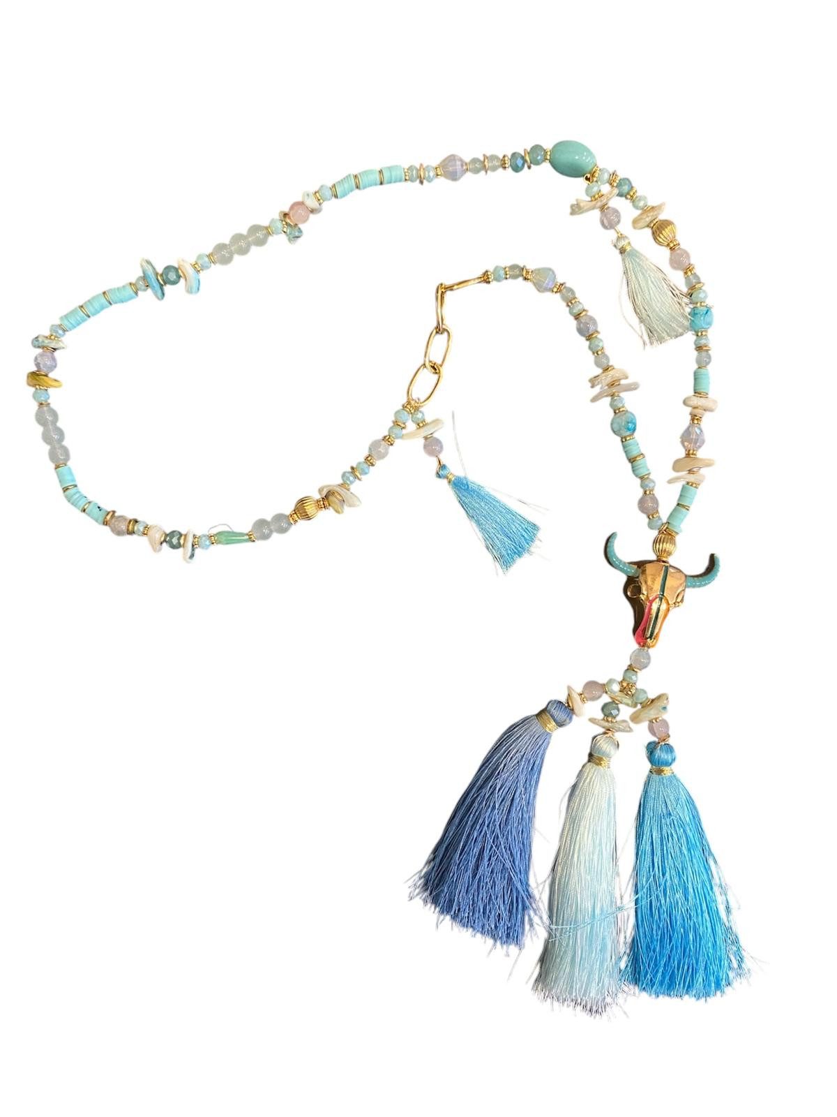 Eden Stone Perlenkette Bunte Mala Kette Halskette Boho-Stil Blau Edelsteinen Muscheln Büffel (1-tlg)