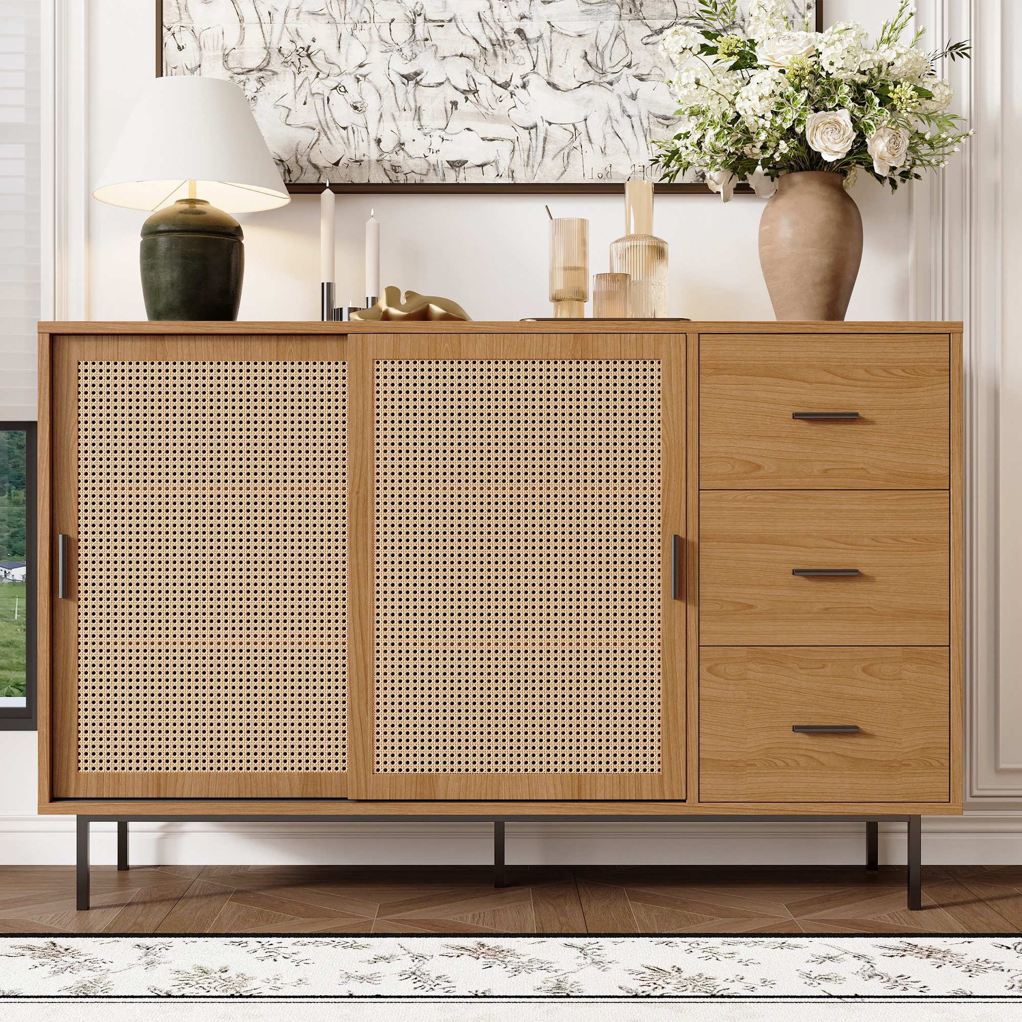 Merax Sideboard Kommode mit 2 Rattan Schiebetüren, 3 Schubladen (1 St., für Wohnzimmer Esszimmer, Natur), Landhausstil Sideboard mit Verstellbaren Böden