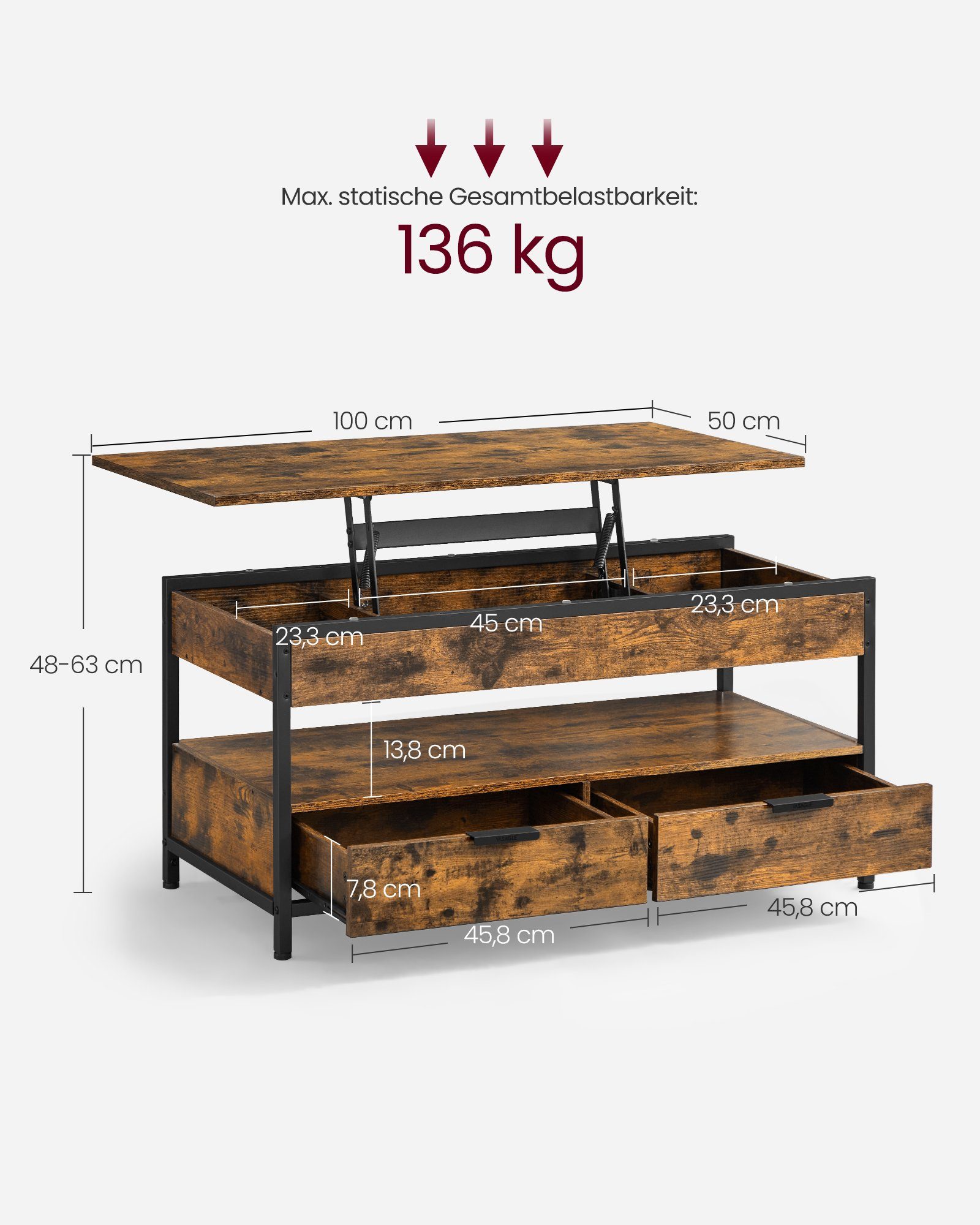 VASAGLE Couchtisch, höhenverstellbar, mit Schubladen, 50 x 100 x (48-63) cm günstig online kaufen