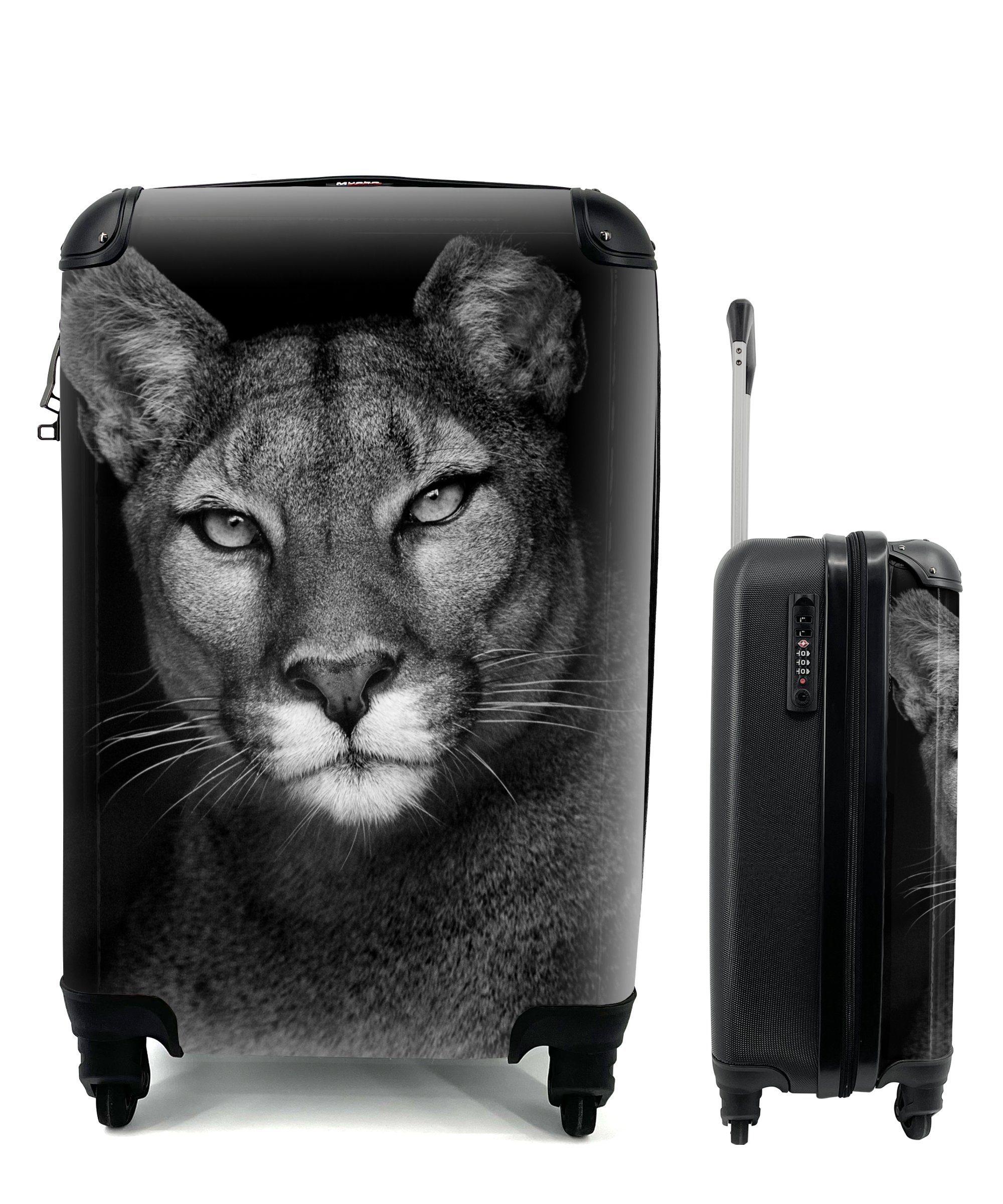 MuchoWow Handgepäckkoffer Porträtfoto eines Pumas auf schwarzem Hintergrund, 4 Rollen, Reisetasche mit rollen, Handgepäck für Ferien, Trolley, Reisekoffer