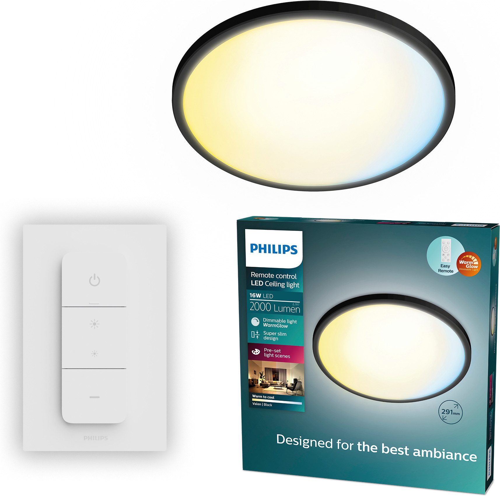 Philips LED Deckenleuchte Superslim All-in-one, 16 W, rund, Schwarz, CCT - über Fernbedienung, Dimmer, Dimmfunktion, Farbsteuerung, Fernbedienung, Infrarot inkl., Memoryfunktion, dimmbar über Fernbedienung, mehrere Helligkeitsstufen, LED fest integriert,
