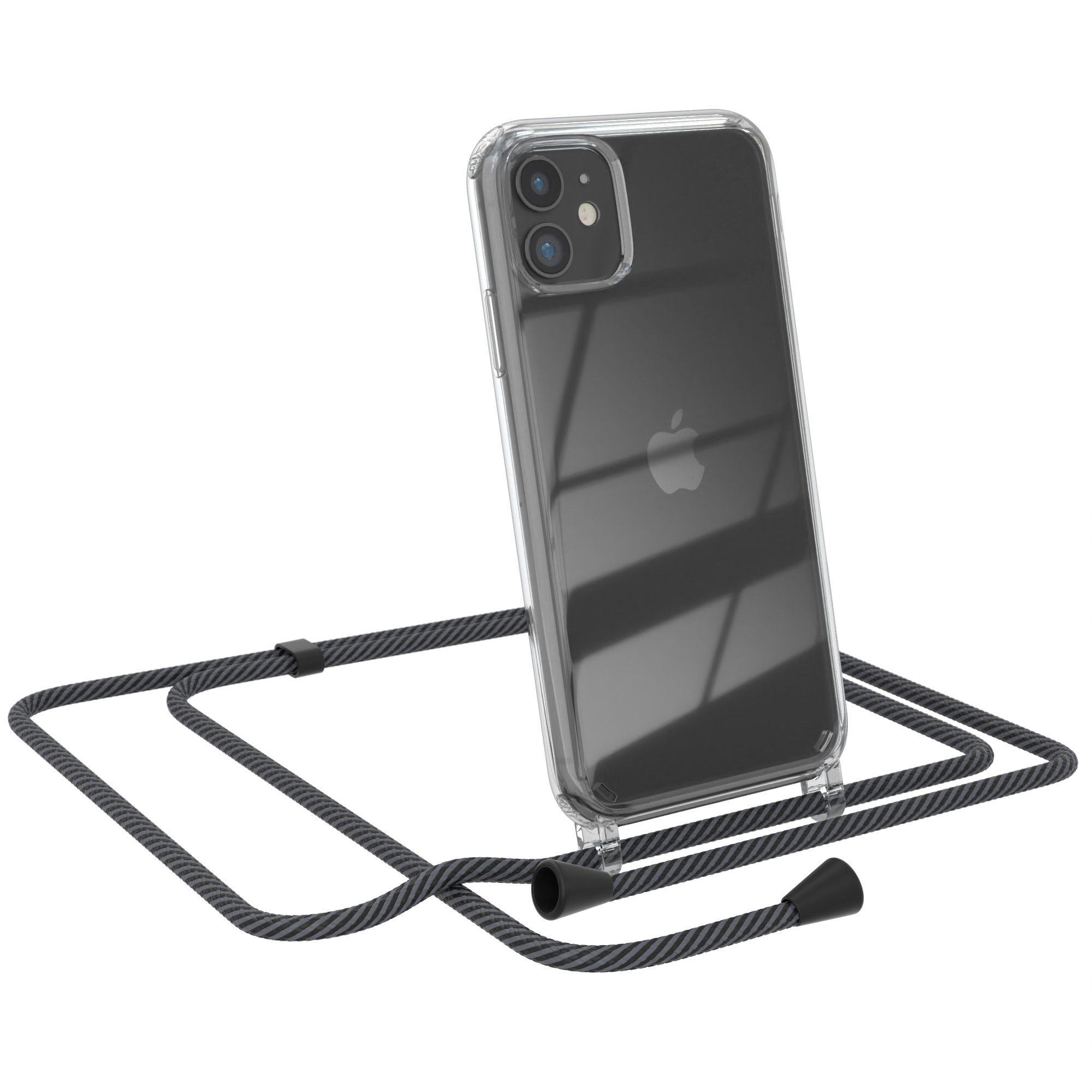 EAZY CASE Handykette Kette Clips Schwarz für Apple iPhone 11 6,1 Zoll, Handykette mit Schnur Cross Bag für Mann Frau Festivalbag Grau Schwarz
