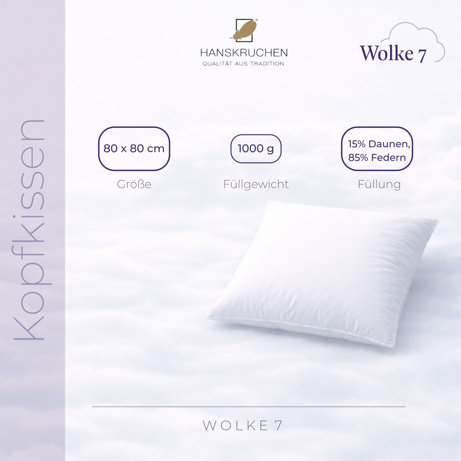 HANSKRUCHEN 3-Kammer-Kopfkissen HANSKRUCHEN Daunenkissen Kopfkissen Wolke 7 Fest 80 x 80 cm, Füllung: 90% Daunen, 10% Federn, Bezug: 1005 Baumwolle, hergestellt in Deutschland, für Allergiker geeignet