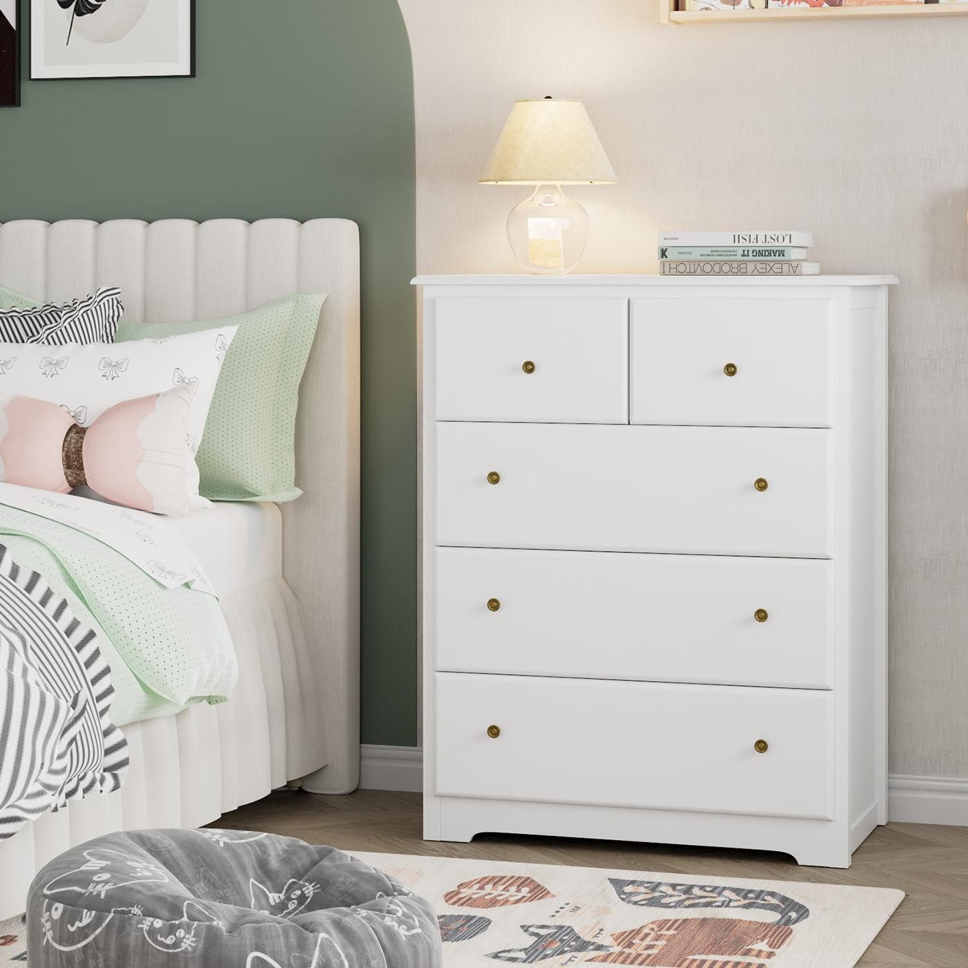 HOMECHO Kommode, Sideboard mit 5 Schubladen, Weiß