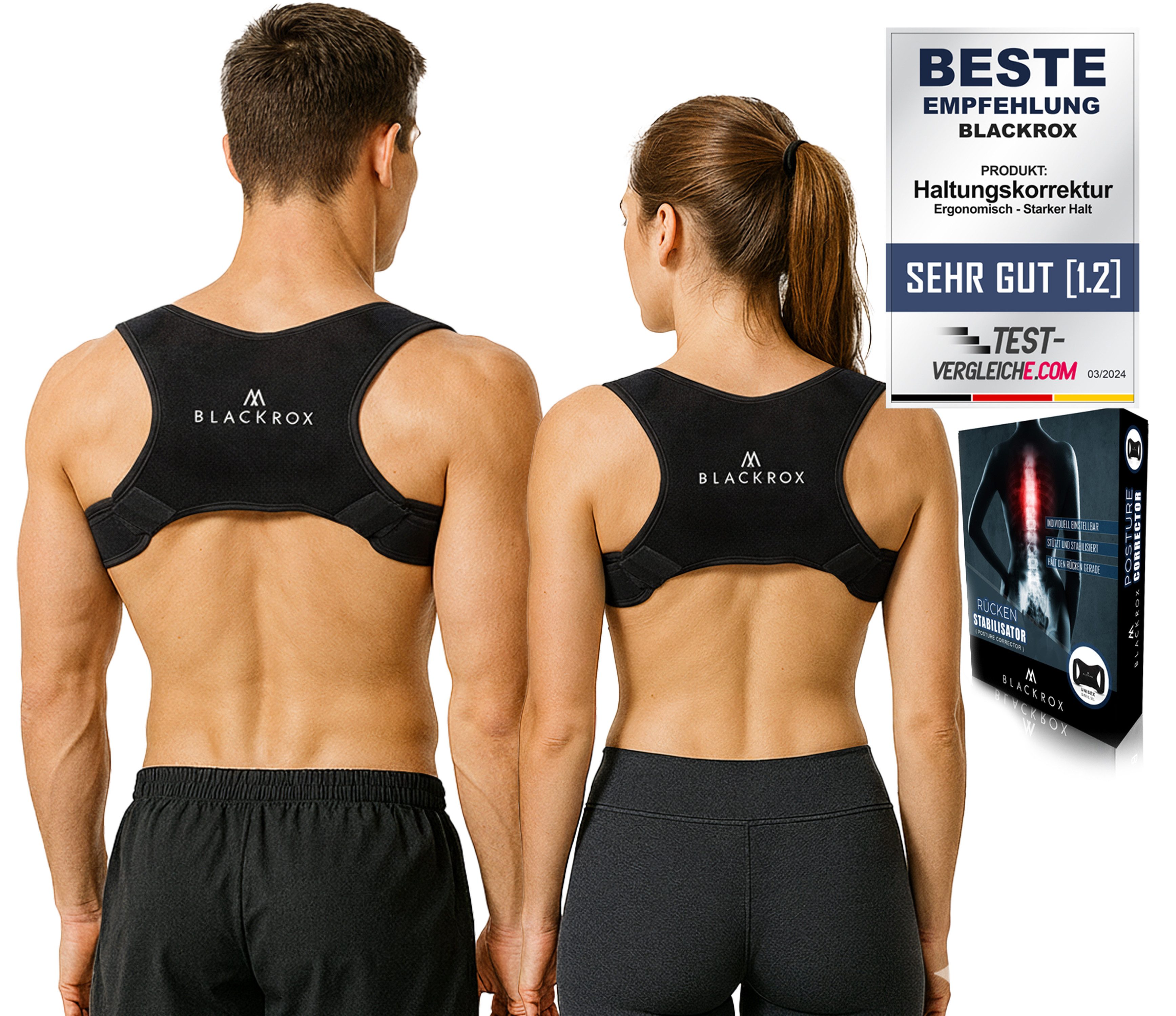 BLACKROX Rückenstabilisator [Vergleichssieger 2025] [Damen & Herren] [Haltungskorrektur] (Einzelprodukt, Einteilig), Schmerzlindernd, hautfreundlich, stabilisierend, ergonomisch