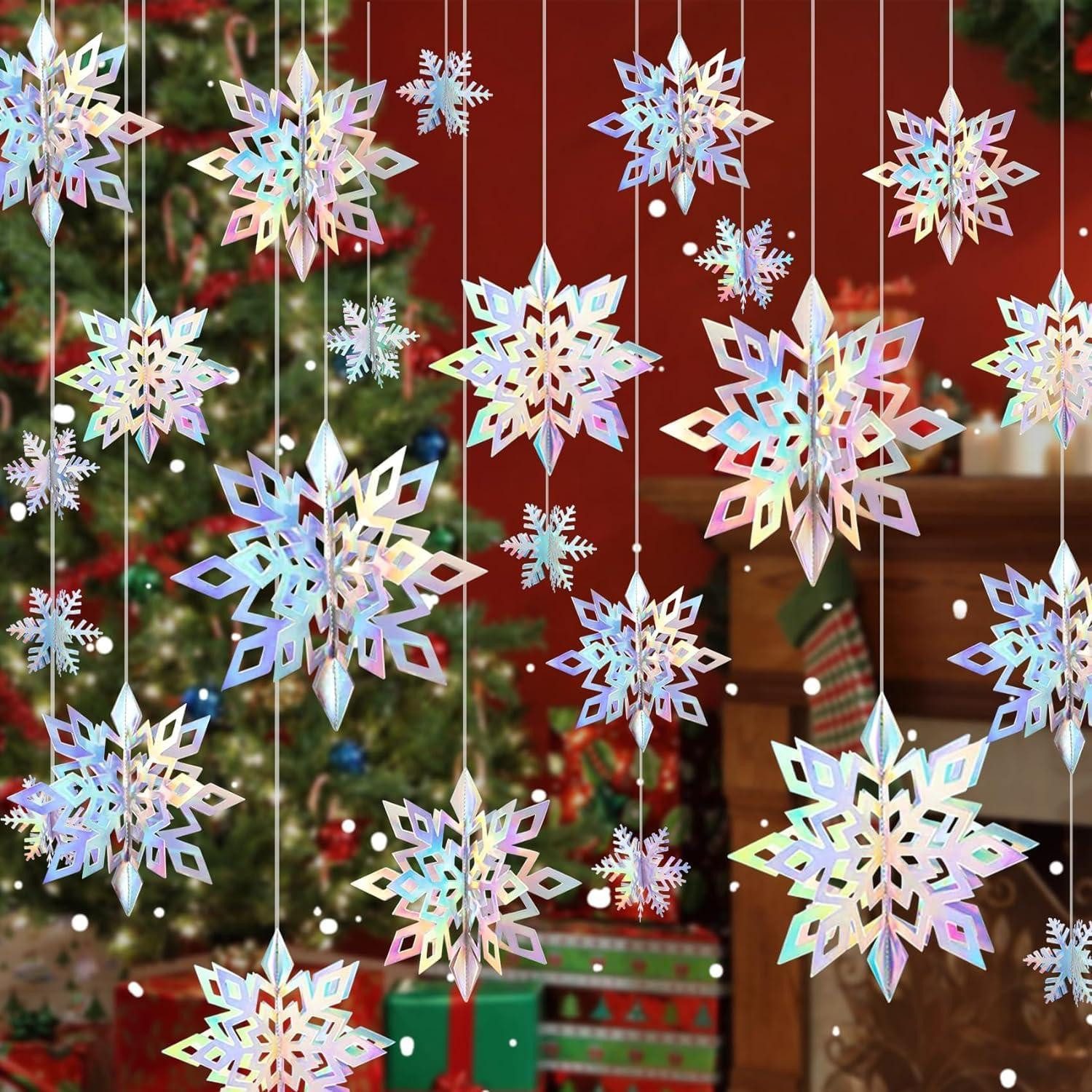 Hängedekoration 3D Schneeflocken Deko 24 Stück Weihnachtsdeko Hängend Winterfest