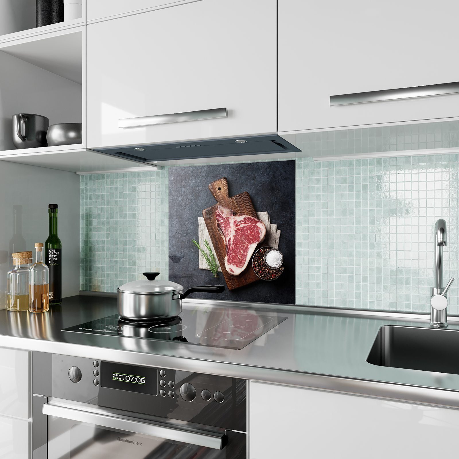 Primedeco Küchenrückwand Küchenrückwand T-Bone Rohes Spritzschutz Steak Glas mit Motiv