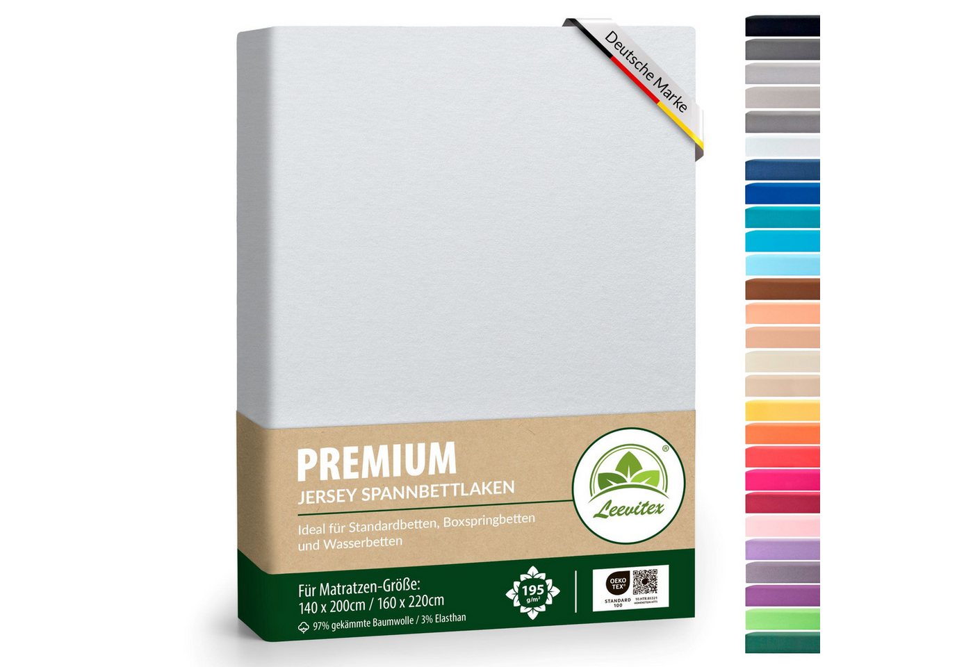 leevitex® Spannbettlaken Premium, verschiedene Größen, Stoffgewicht 195 g/m², 40 cm Steghöhe, Jersey-Elasthan, Gummizug: rundum, (1 Stück), verschiedene Farben, OEKO-TEX® STANDARD 100 zertifiziert