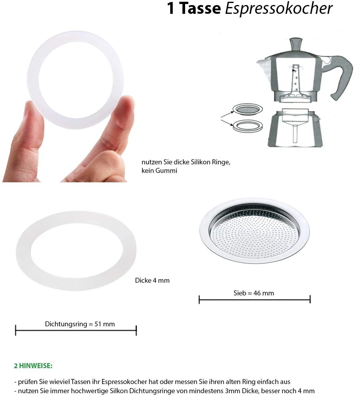 WestCraft Küchenmaschinen Zubehör-Set Ersatz Silikon Dichtungsring Sieb Espresso Kocher mit 1 2 3 6 Tasse, Zubehör für alle Espressokocher mit DIN Norm, 2x Ersatzring (51mm) + 1x Sieb (46mm) für Espressokocher mit 1 Tasse