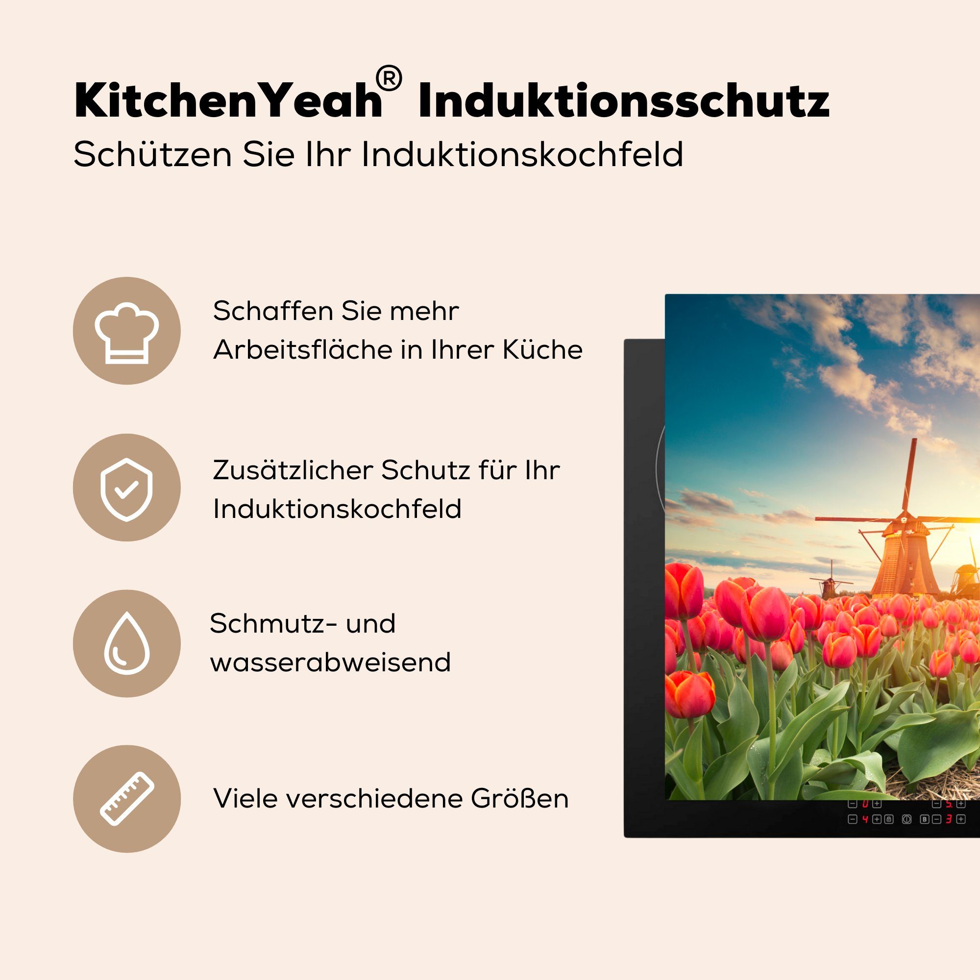 tlg), - - Vinyl, Induktionskochfeld cm, 81x52 küche, Blumen Herdblende-/Abdeckplatte die MuchoWow für (1 Sonne, Windmühle Schutz Ceranfeldabdeckung