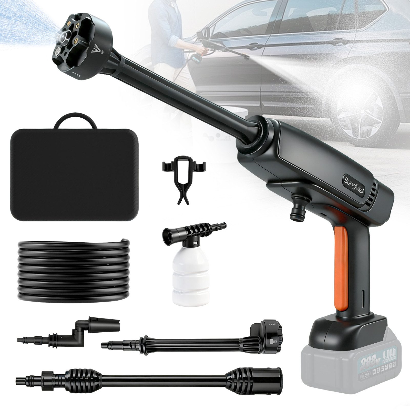 Bundviel Akku-Hochdruckreiniger Bürstenlose Tragbarer Hochdruckreiniger 276l/h 180Bar 6IN1 Sprühdüse, Druck max: 180 bar, 300 W, Fördermenge max: 276 l/h, Für Auto & Reinigung & Bewässerung