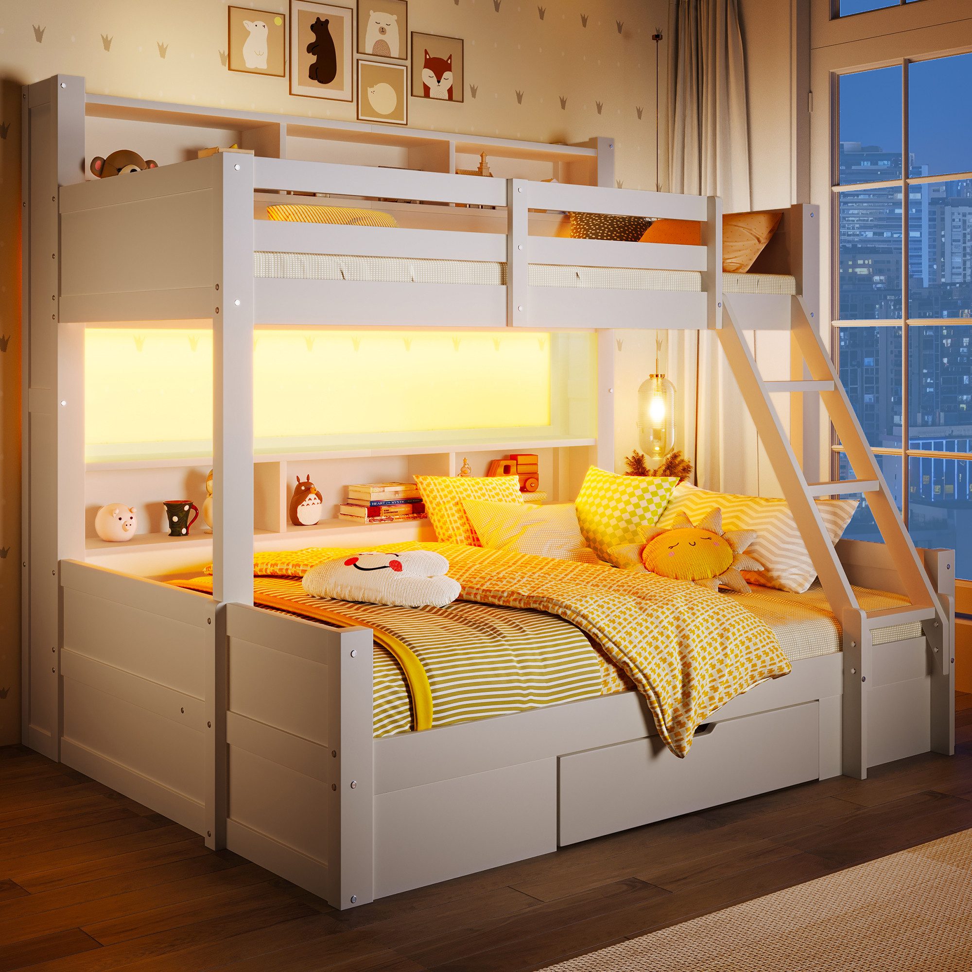 Merax Etagenbett 90x200cm/140x200cm mit LED-Lichtleiste (1-St., Jugendbett Mehrzweckbett Stockbett), Kiefernholz Kinderbett mit Schublade,Leiter, Gitter, offener Stauraum