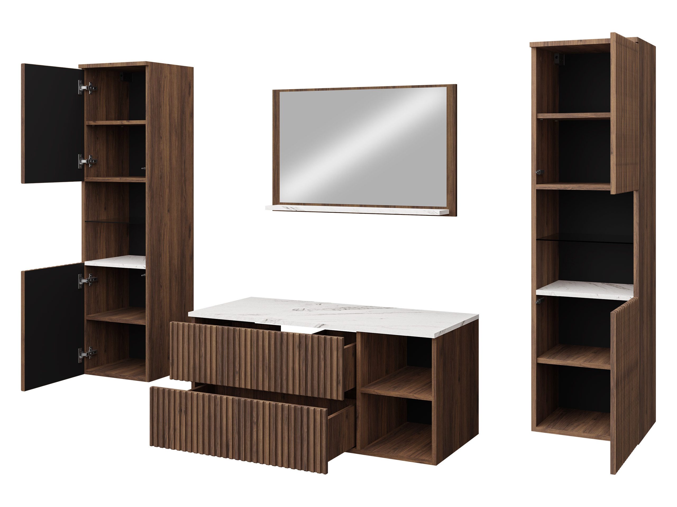 MIRJAN24 Badmöbel-Set Kertos Rillen III, (5er-Set, Spiegel, Waschbeckenschrank, Waschbecken, 2x Schrank), Fronten gefräst, Siphon