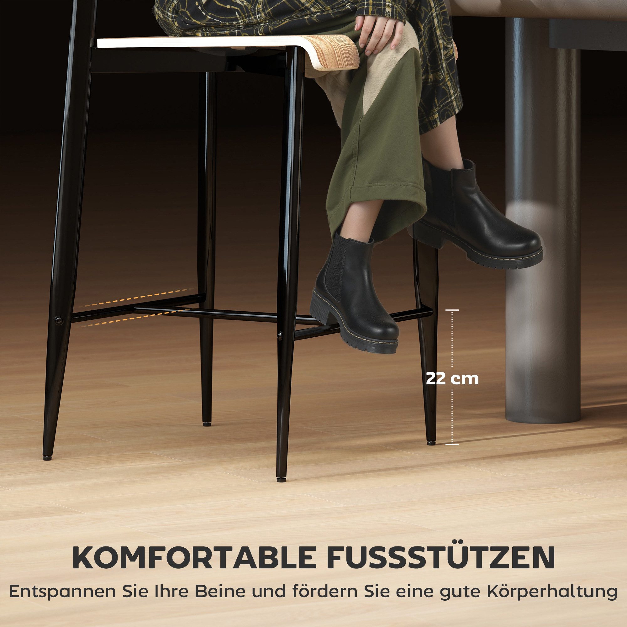 HOMCOM Barhocker Tresenhocker mit Fußstütze, Metallgestell, Sitzhöhe 66 cm (Küchenstuhl, 2 St., 2er Set Barstuhl), einfache Montage, Industrie-Design Naturholz+ – Bild 4 von 5