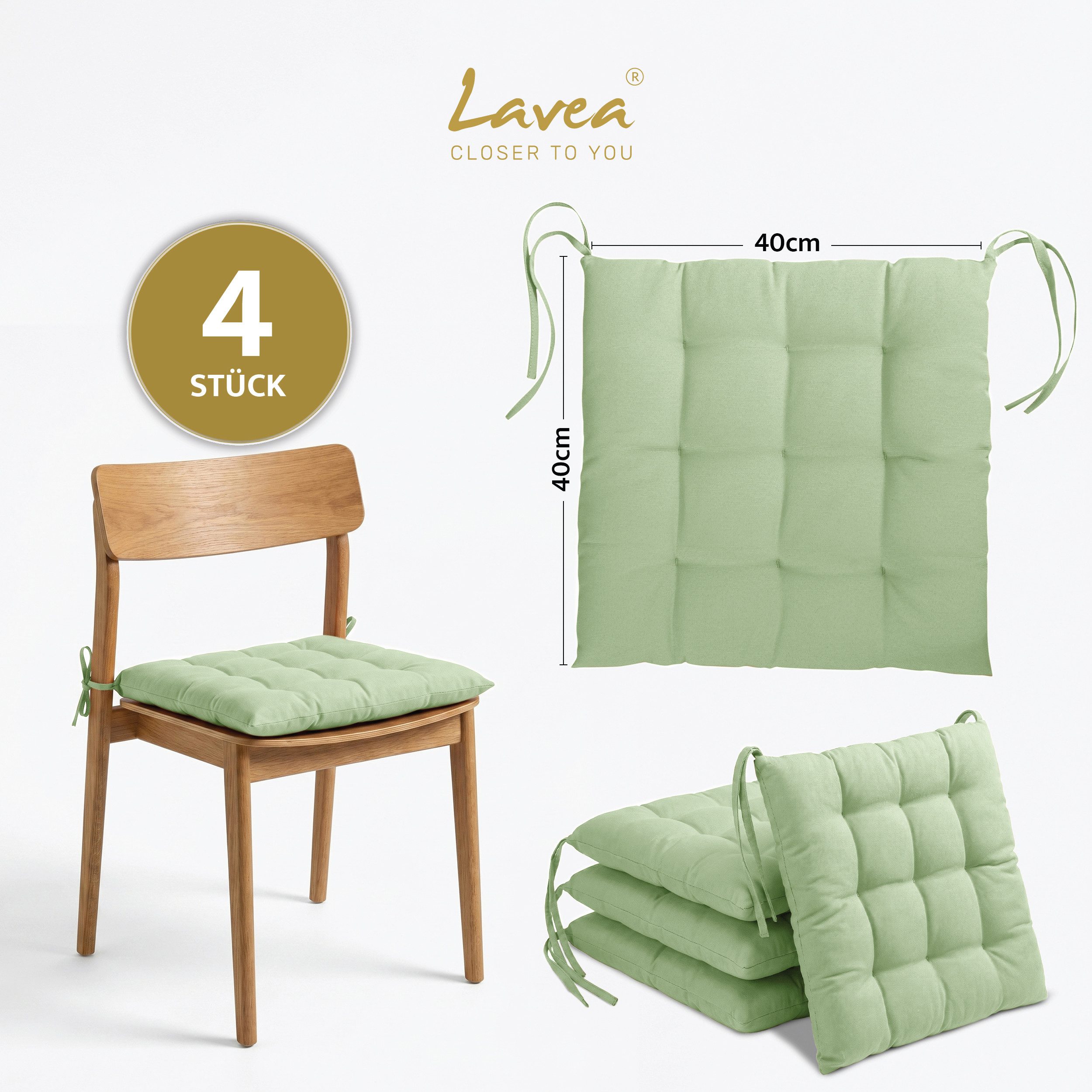 Lavea Stuhlkissen Lavea® Sitzkissen & Stuhlkissen 40x40 cm – 4er/8er Set, 40x40x3 cm, mit Stoffbändern, Indoor & Outdoor, für Garten & Balkon