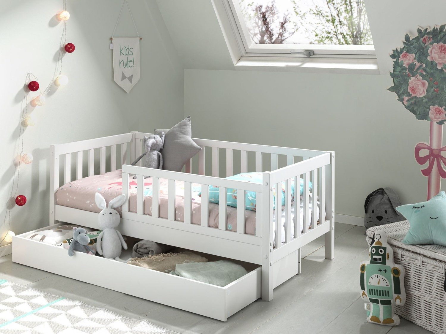Natur24 Einzelbett Juniorbett 70 x 140 cm Schublade Kiefer MDF Weiß