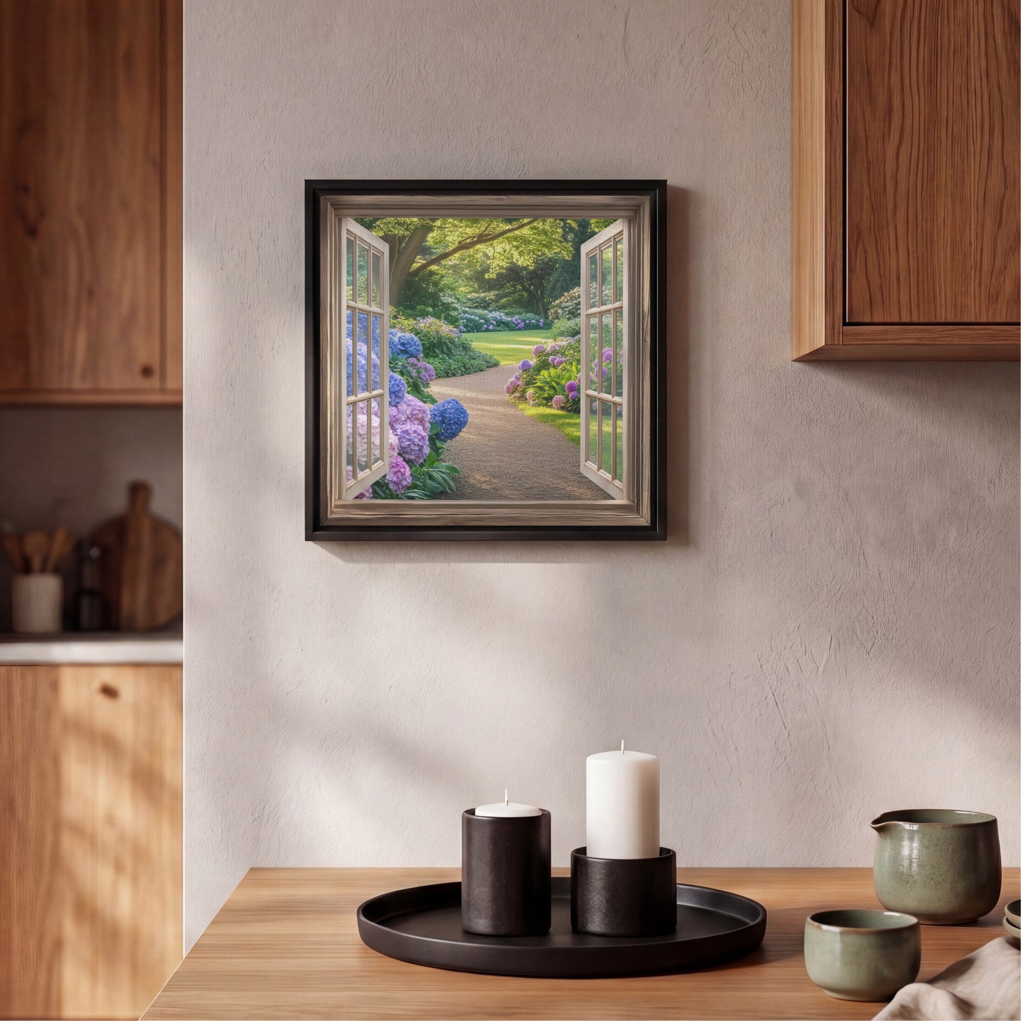 OneMillionCanvasses® Leinwandbild mit Rahmen - Aussicht - Garten - Fenster - Hortensie - Blumen, Fotodruck (1 St), Leinwand Bilder Klein, Wand Dekoration Aesthetic 20x20cm
