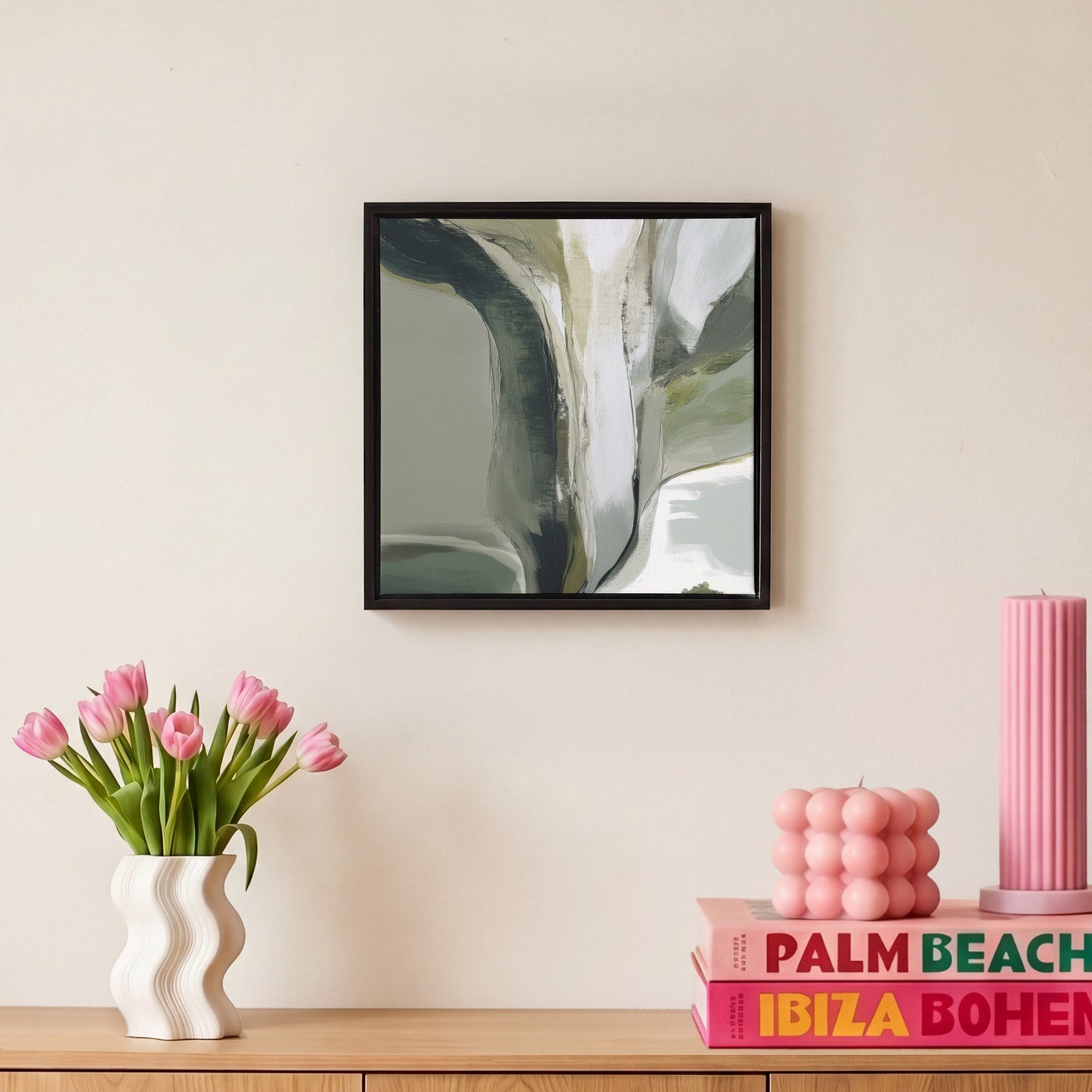 OneMillionCanvasses® Leinwandbild mit Rahmen - Natur - Abstrakt - Grün - Pinselstriche, Fotodruck (1 St), Leinwand Bilder Klein, Wand Dekoration Aesthetic 20x20 – Bild 4 von 5