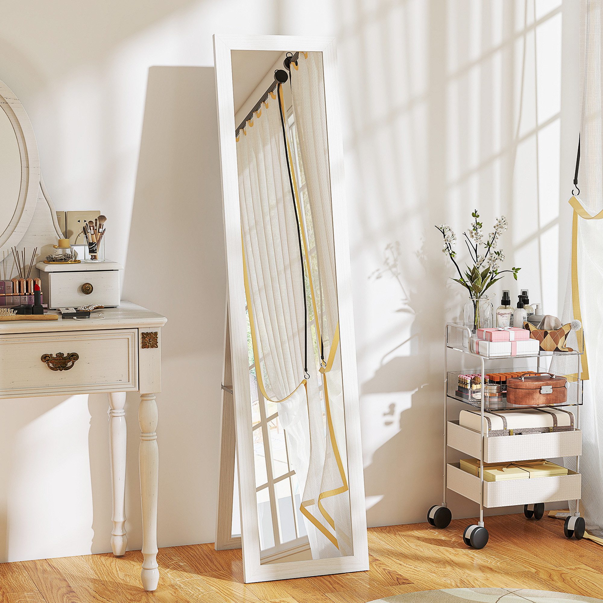 HOMCOM Standspiegel mit Ständer und Haken (Stehspiegel, 1-St., Wandspiegel), für Wohnzimmer, Schlafzimmer, Weiß