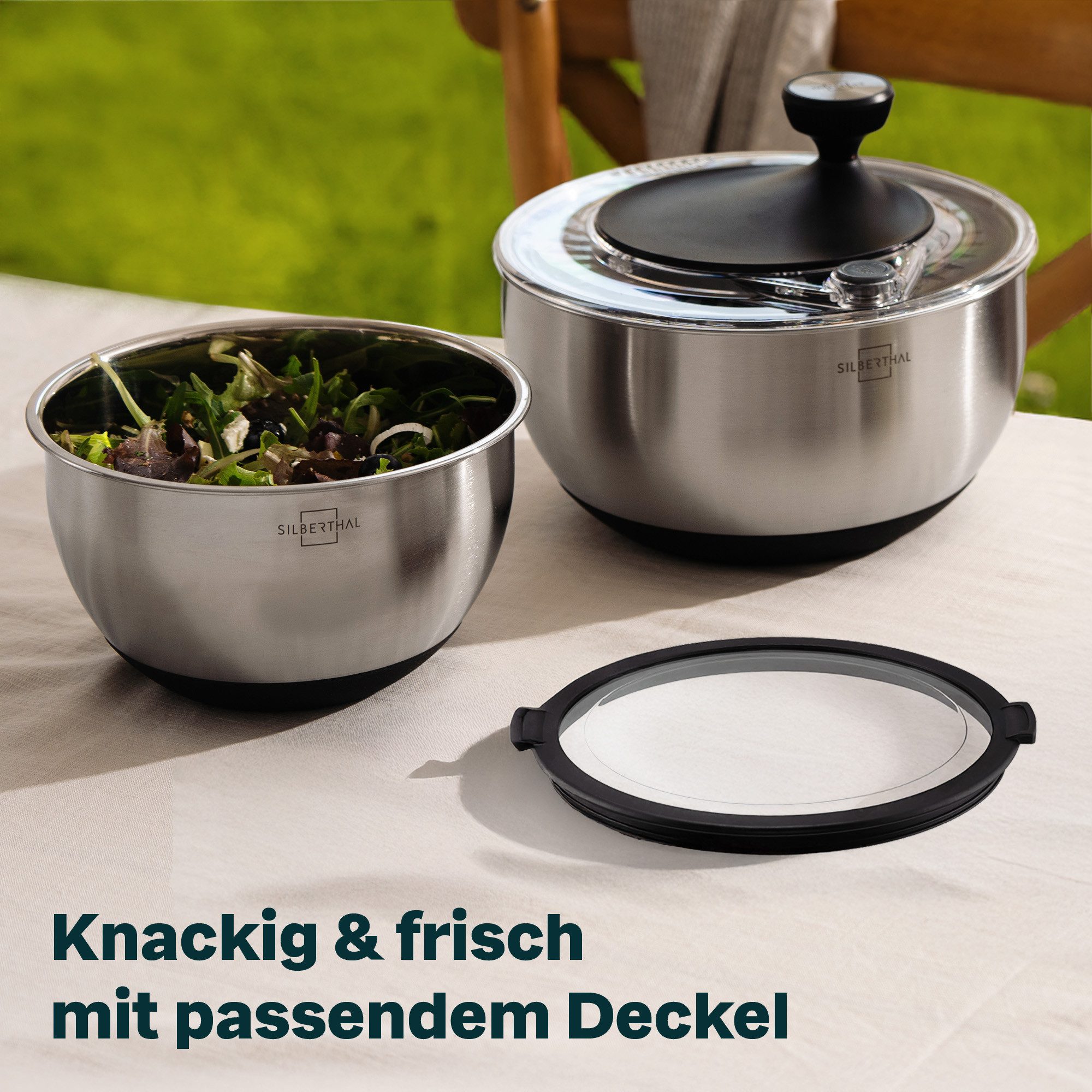 SILBERTHAL Salatschleuder Set Edelstahl mit Deckel, (3er Set, 3-tlg), Spülmaschinenfest, zum Servieren & Aufbewahren